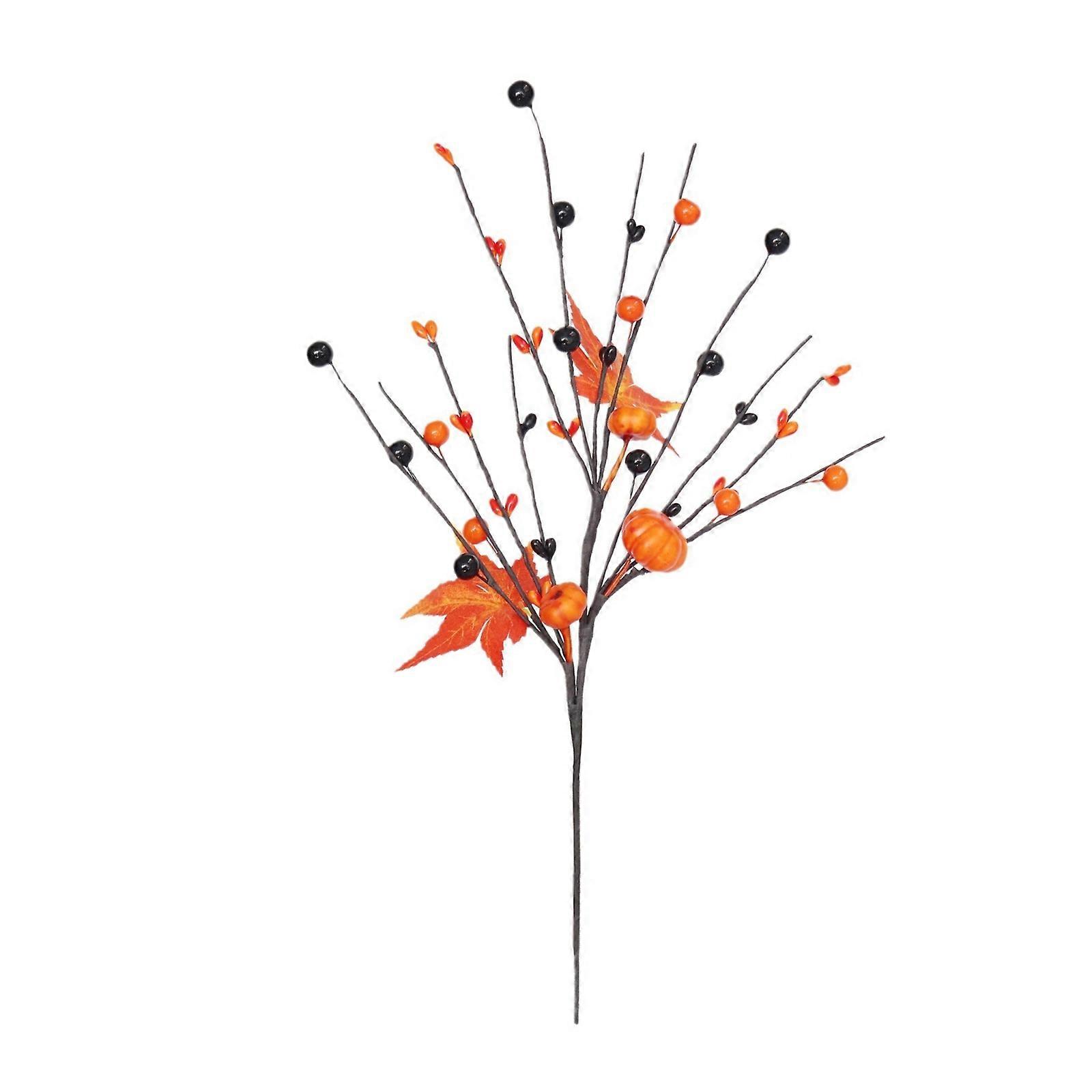 1PC Artificial Maple Leaf Branches Orange Glossy Berry Twigs Fall Thanksgiving Decor With Pumpkins