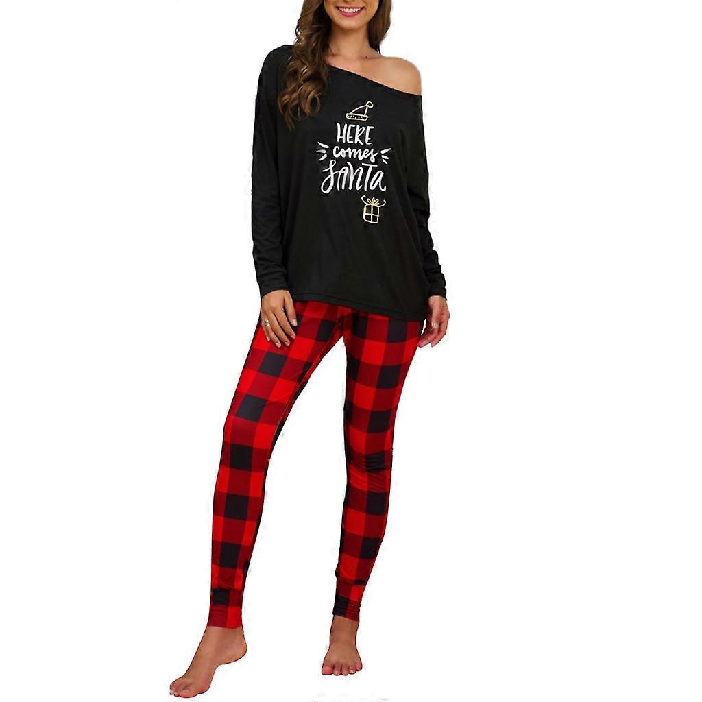 Dam Lounge Set Enaxlad Långärmad Jultryck Grid Byxor Pyjamas Set för Vardagslivet