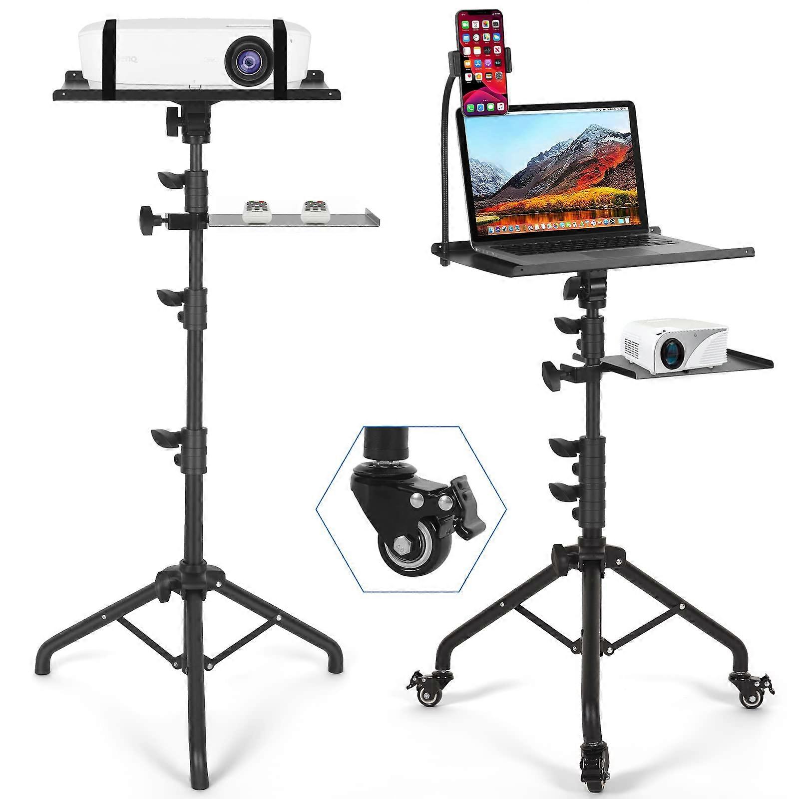 Laptop Tripod on Wheels with 2 Shelves, Adjustable Height 25.9 to 51.8 Inch, Portable Projector Stand with Phone Holder