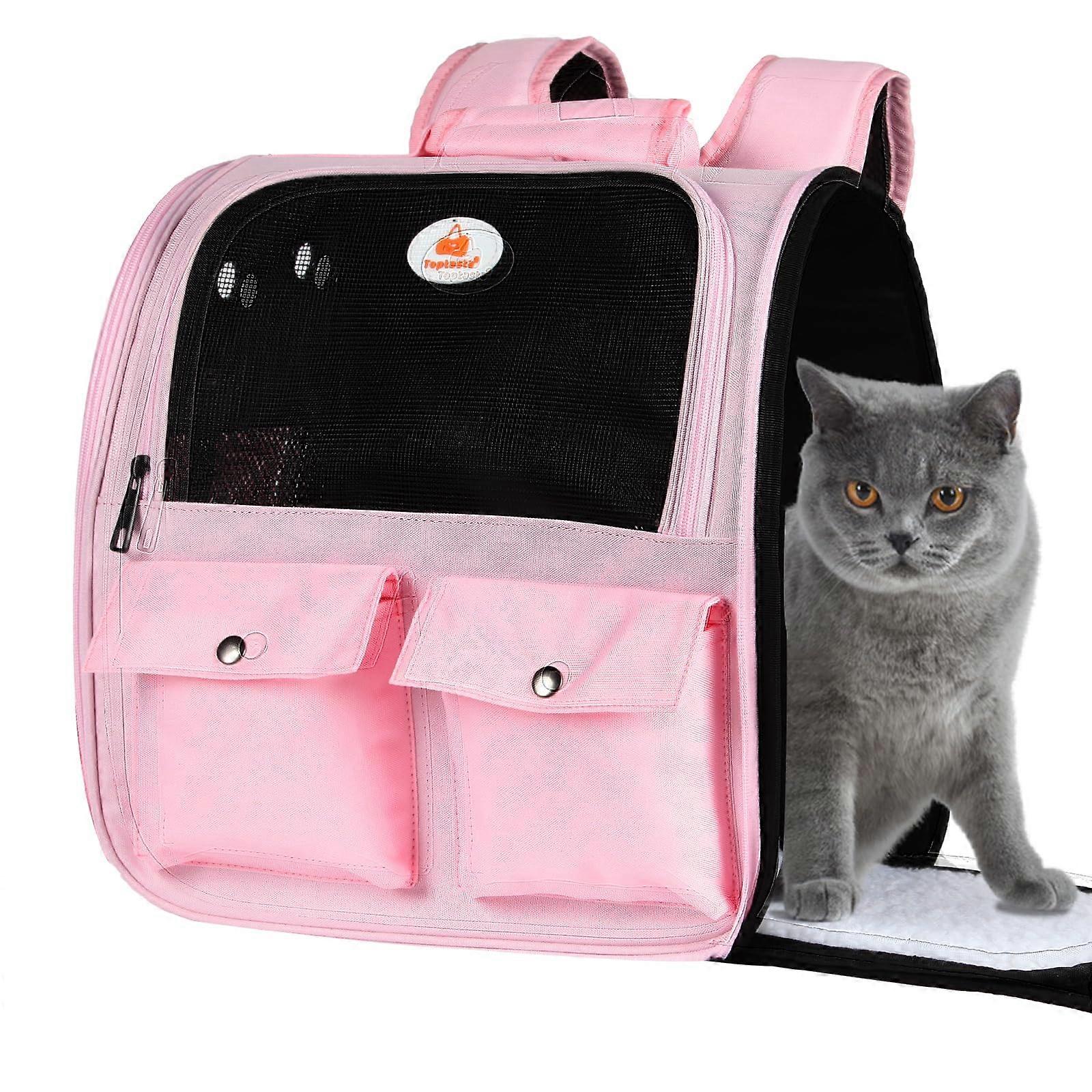 Cat backpack carrier, airline approved, ventilated design, for cats small and dogs up to 25 pounds (pink)