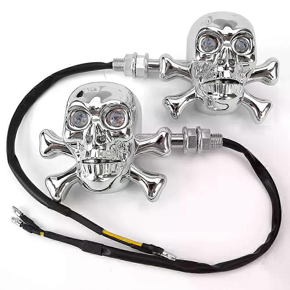 1 Pair Universal Motorcycle Skull LED Turn Signal Lights Indicators Chrome Cruiser Chopper Cafe Racer Atv Scooter