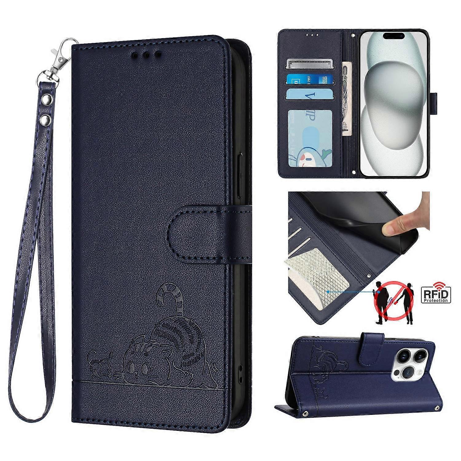 For iPhone 16 Pro Max Case with Strap RFID Blocking Leather Wallet Phone Cover Cat Mouse Pattern