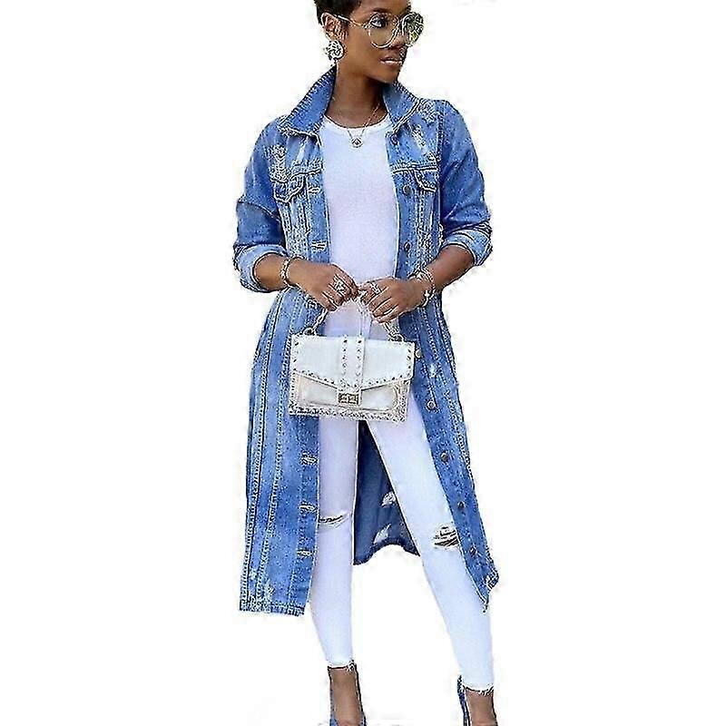 Kvinder Efterår Vinter Denim Trench Frakker Ripped Hole Jean Lang Knap Jakker