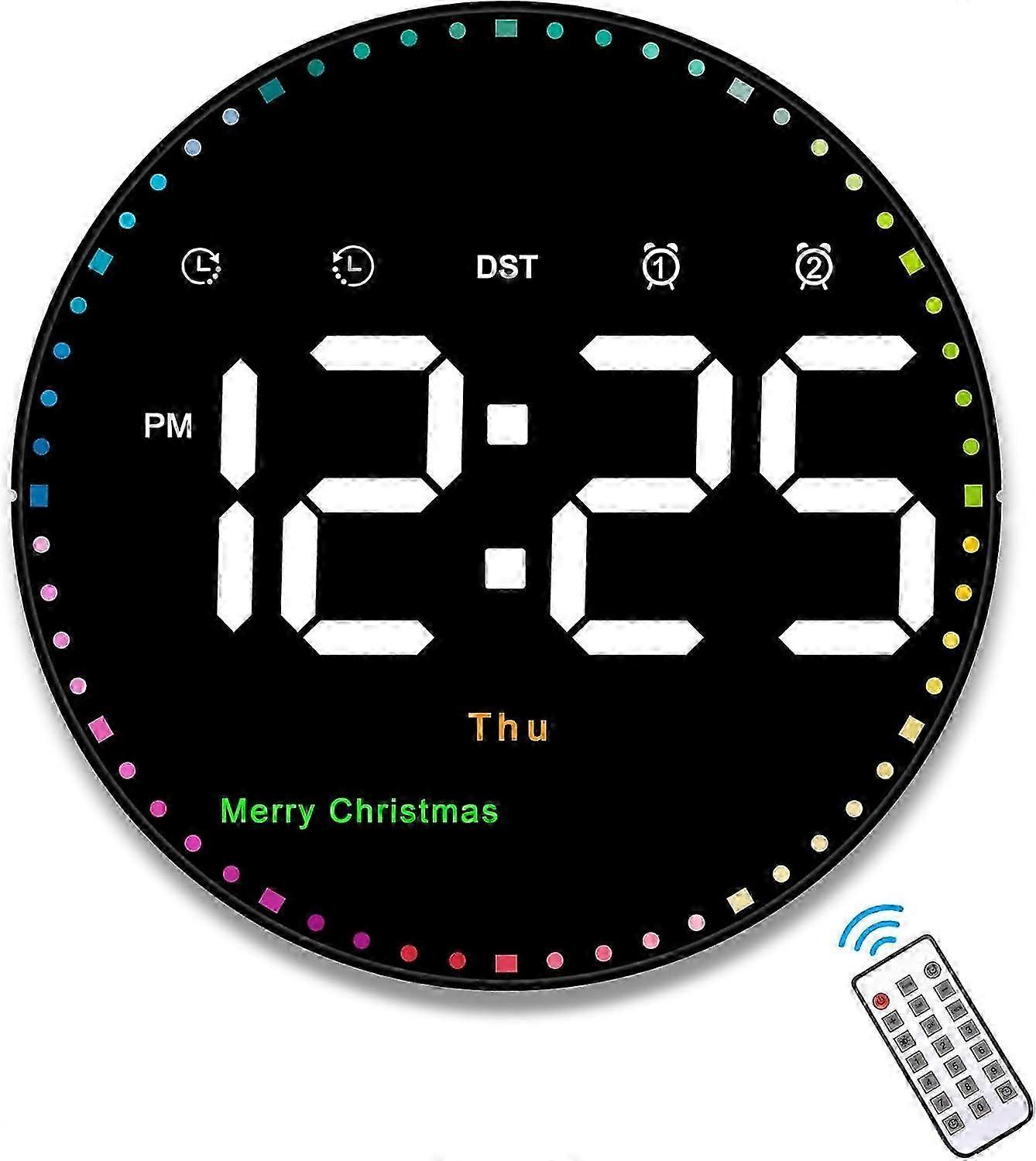 Digital Large Wall Clock with Remote, 10" Colorful Dynamic Led Clock Large Display with Time Date Temp Week, Manual/Automatic Brightness,DST