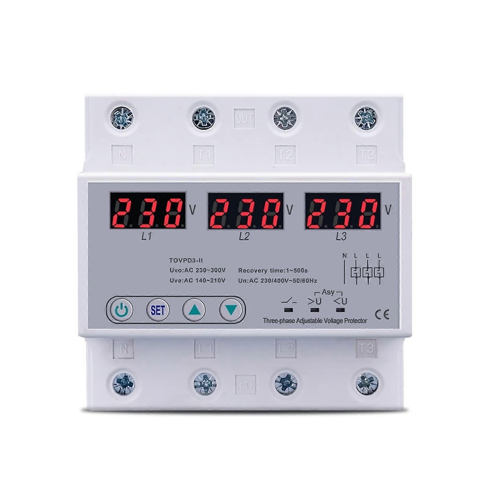 Three Phase Adjustable Over and Under Voltage Protector 3 Phase Automatic Recovery Protective Device Reset 63A 380V