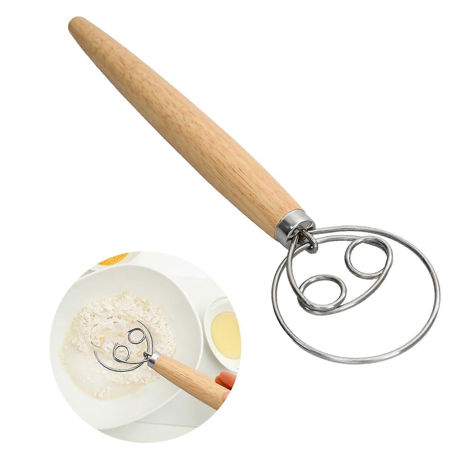 Stainless Steel Dough Whisk, Double Holes Whisk with Long Handle, Wooden Handle Egg Beater, Egg Beater for Bread Dough, Pastry or Pizza Dough