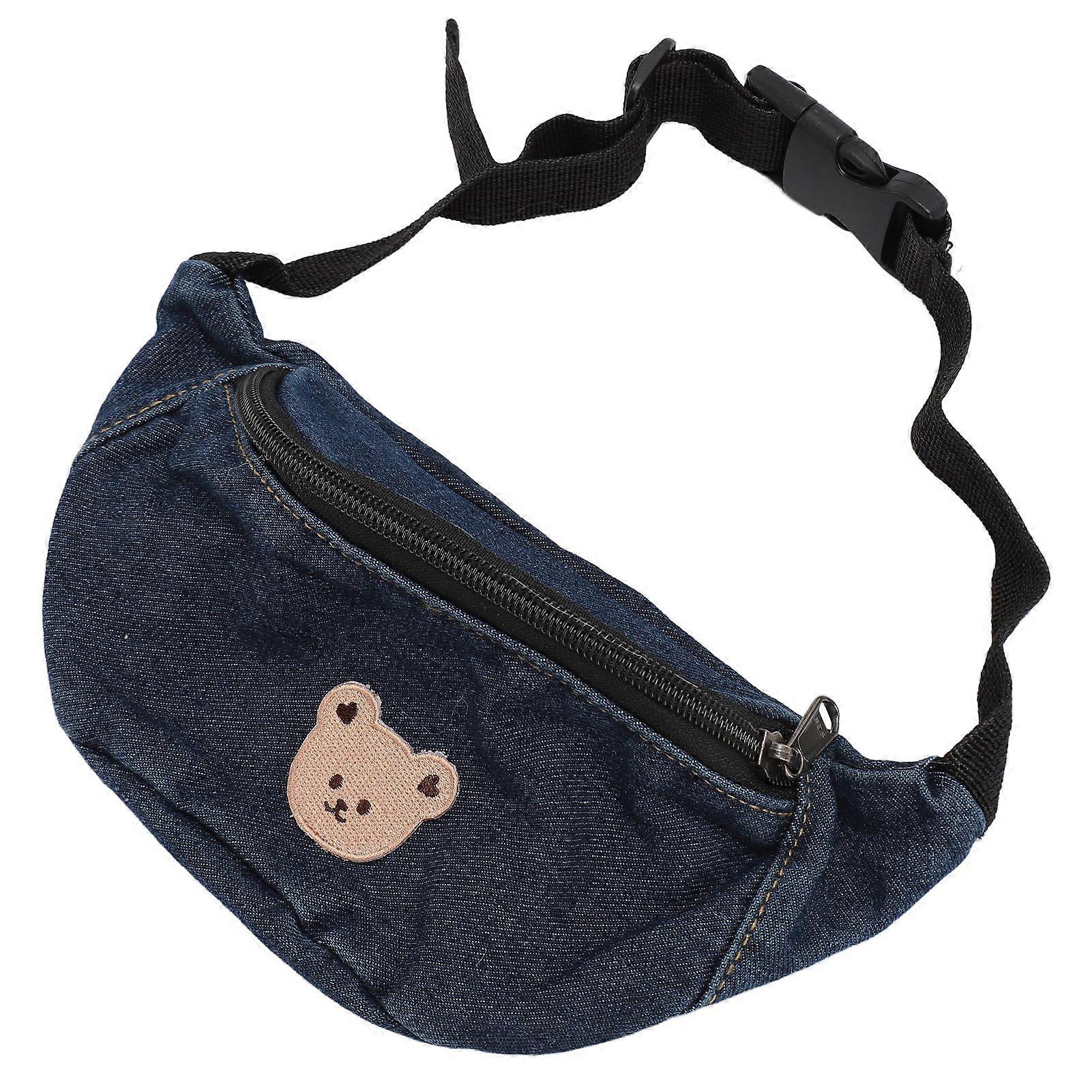 Kids Cool Waist Bag Bear Pattern Adjustable Button Small Canvas Children Cartoon Waist Bag for Key Dark Blue 