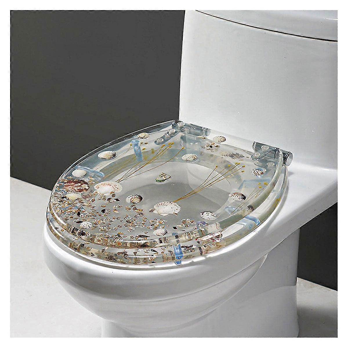 Highquality, slowclosing toilet seat made of synthetic resin with real shells