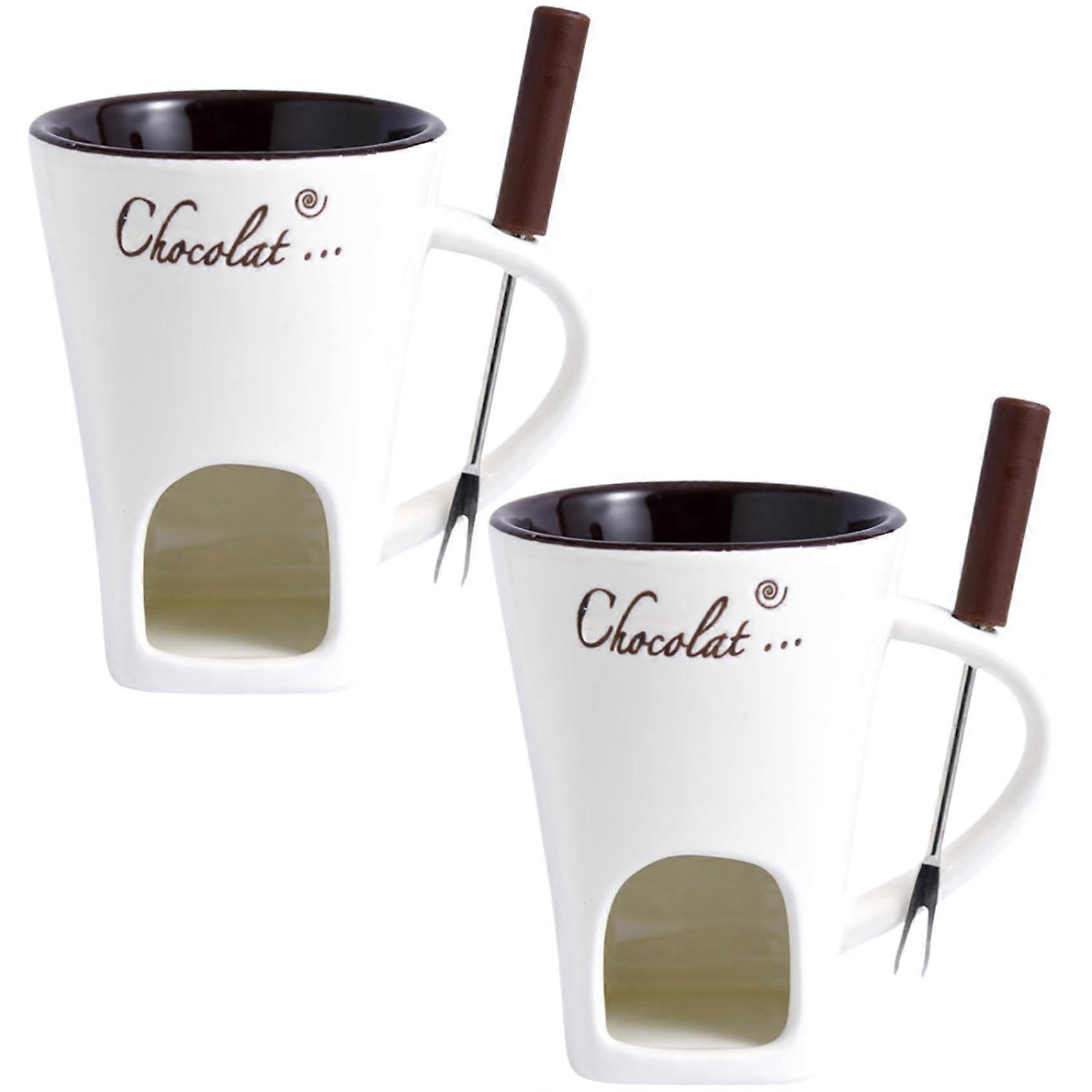 Chocolate Fondue Cup Set, 200ml Ceramic Mini Pot with Forks and Luminous Candle Warmer for Cheese and Chocolate