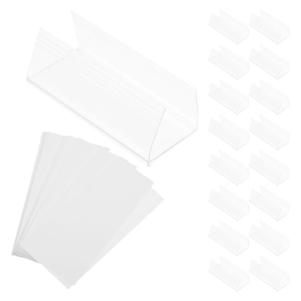 It sounds like you're describing a product listing for **transparent label holders or sign clips** used for organizing storage bins, pantry items,