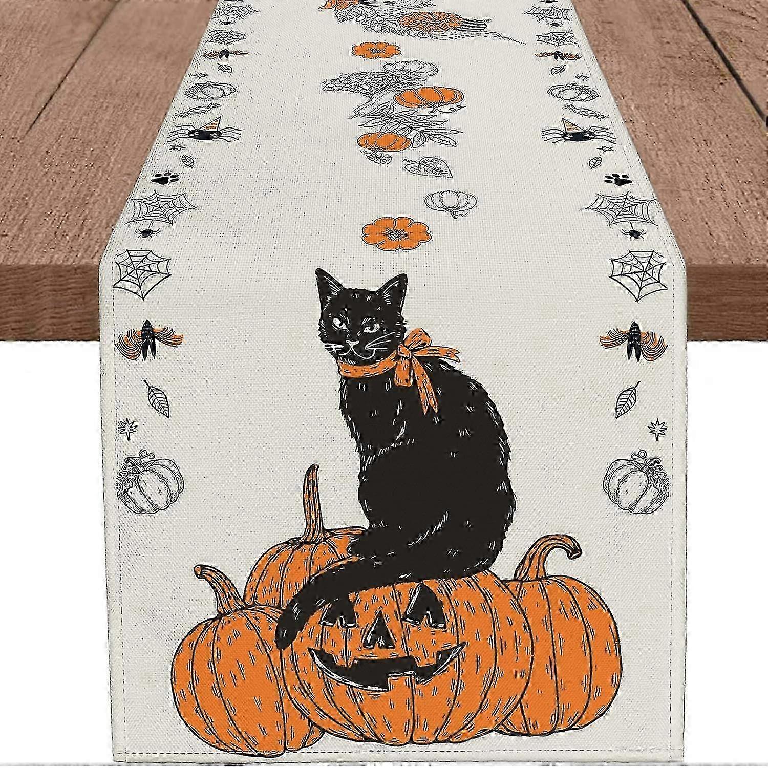 Halloween Black Cat Table Runner with Jack-O-Lantern & Pumpkin Fall Decor