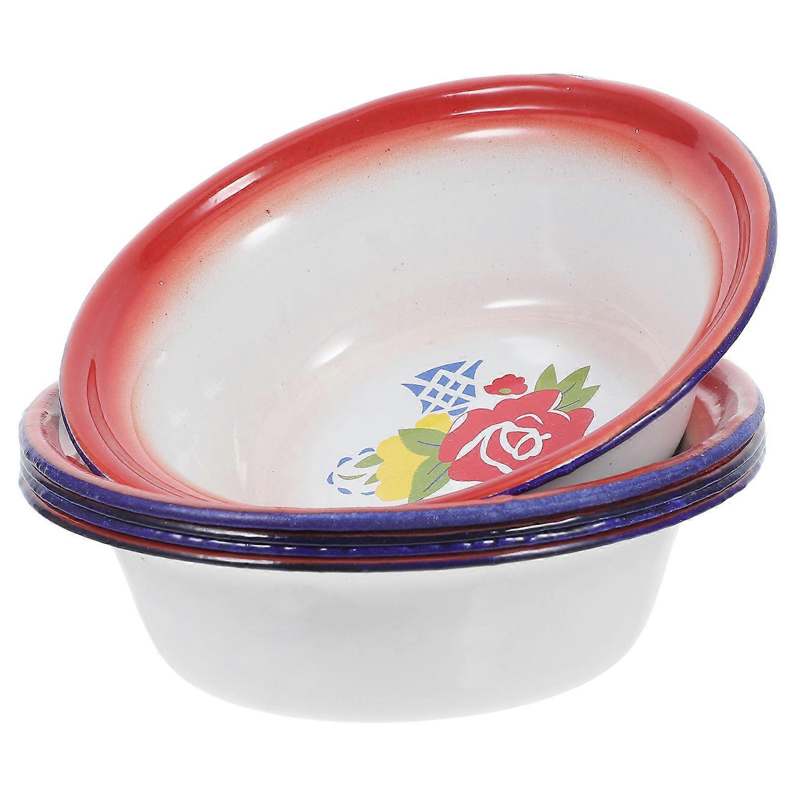 5pcs Vintage Enamel Bowl Set with Floral Pattern Mixing, Serving, and Soup Bowls for Salad, Fruit, and Dough, Traditional Chinese Design, Practical