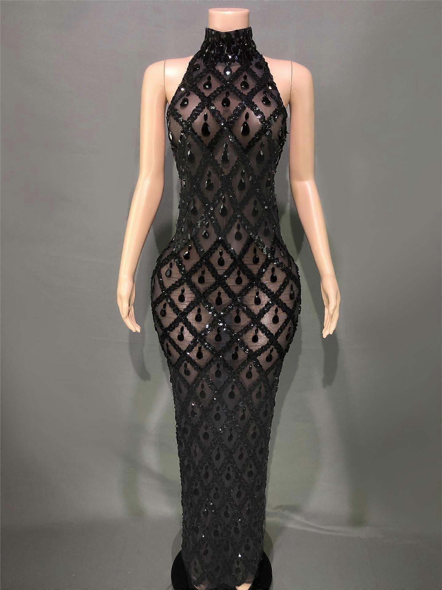 Stock Transparent dos nu scintillant Strass Maxi Robe Soirée Robe de soirée Performance Costume