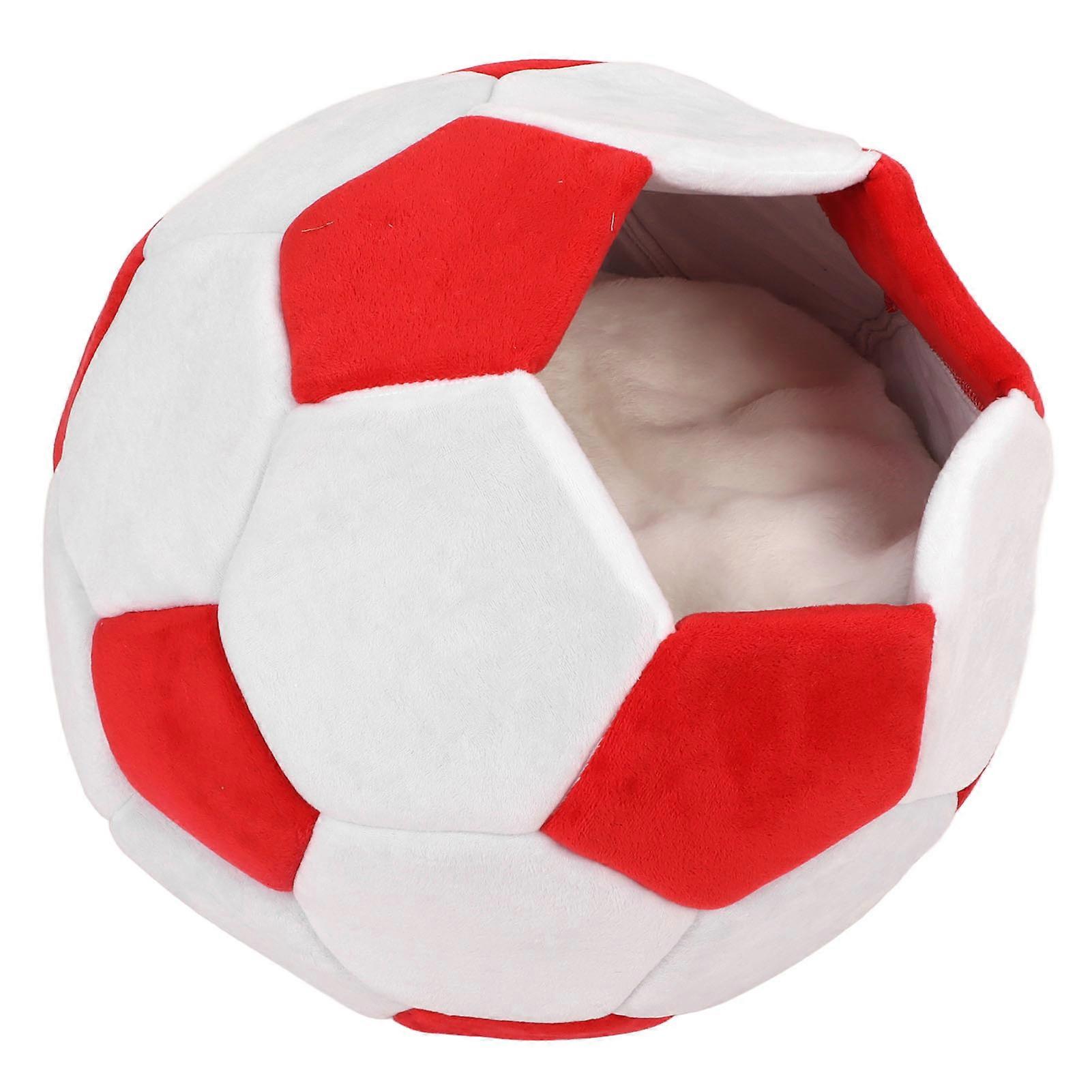 Pet Cave Bed Autumn Winter Warm Semi Enclosed Soccer Shape Dual Purpose Cat Nest for Cats Kittens Puppies Small Pets Red White L