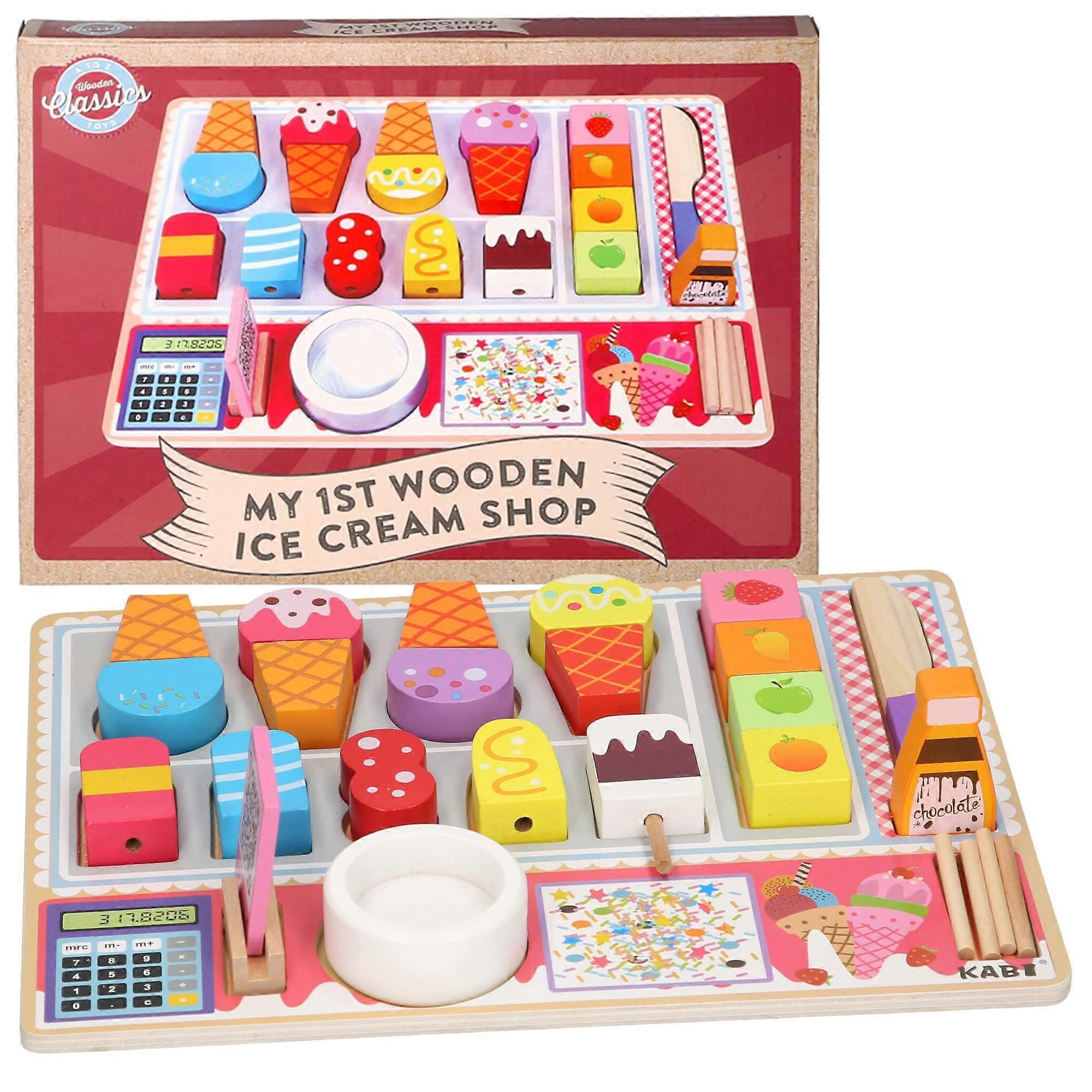 Wooden Classics Kids Ice Cream Playset, Educational Toy with Calculator and Accessories, Pretend Play Set