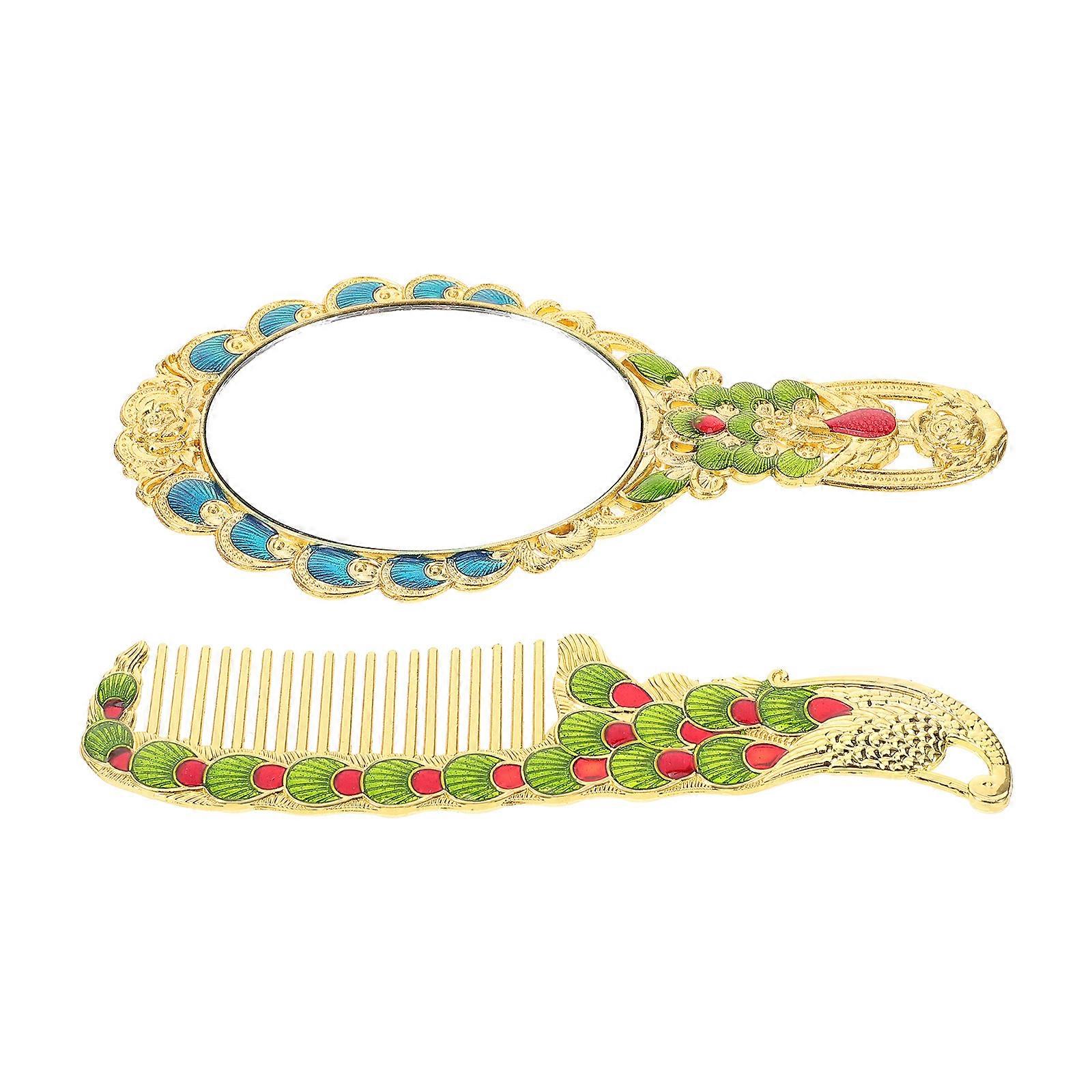 Vintage Hand Mirror Comb Set Compact Design Lipstick Checking Home Use Golden 12x3cm 2Pcs
