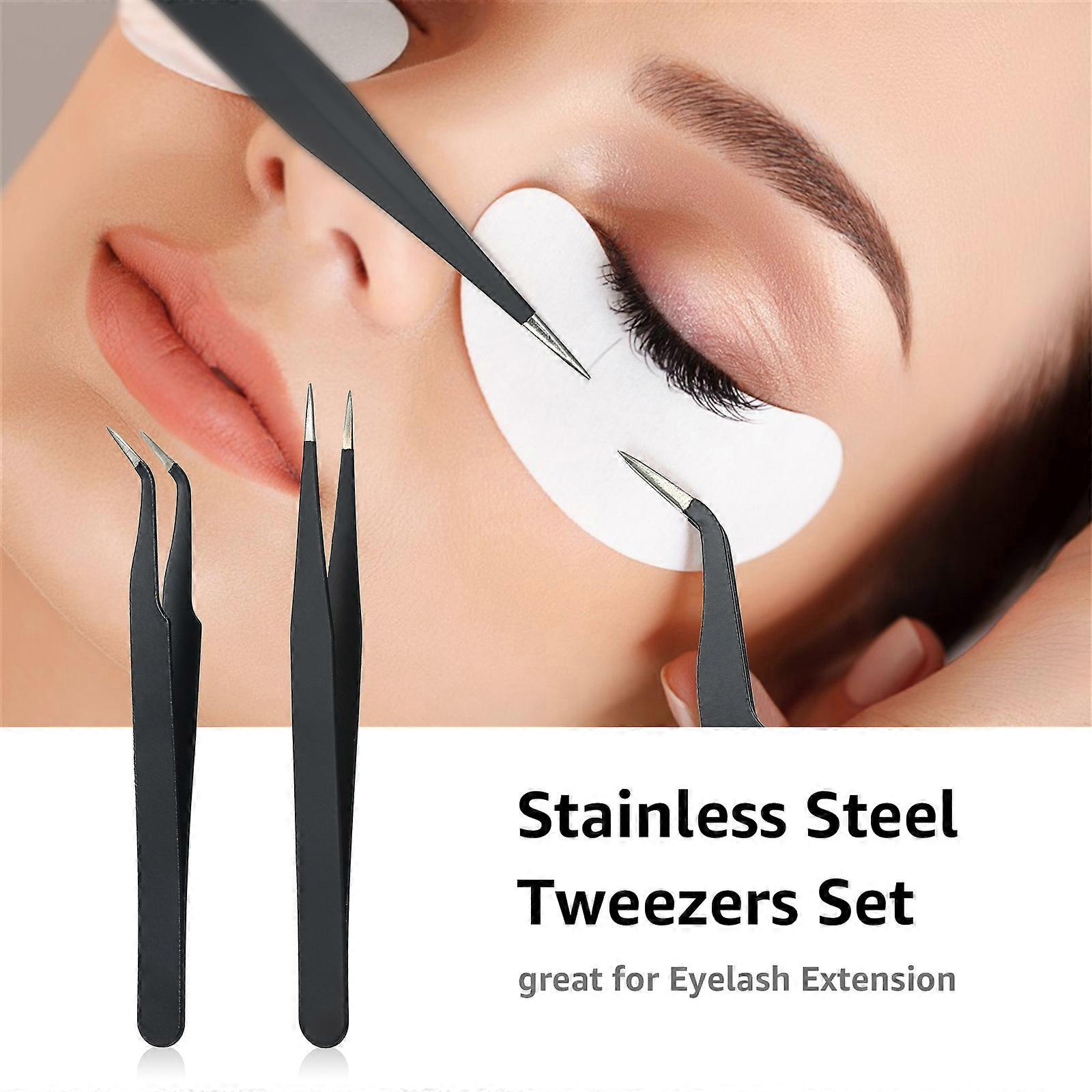 Two-pack eyelash extension tweezers set, two pointed black