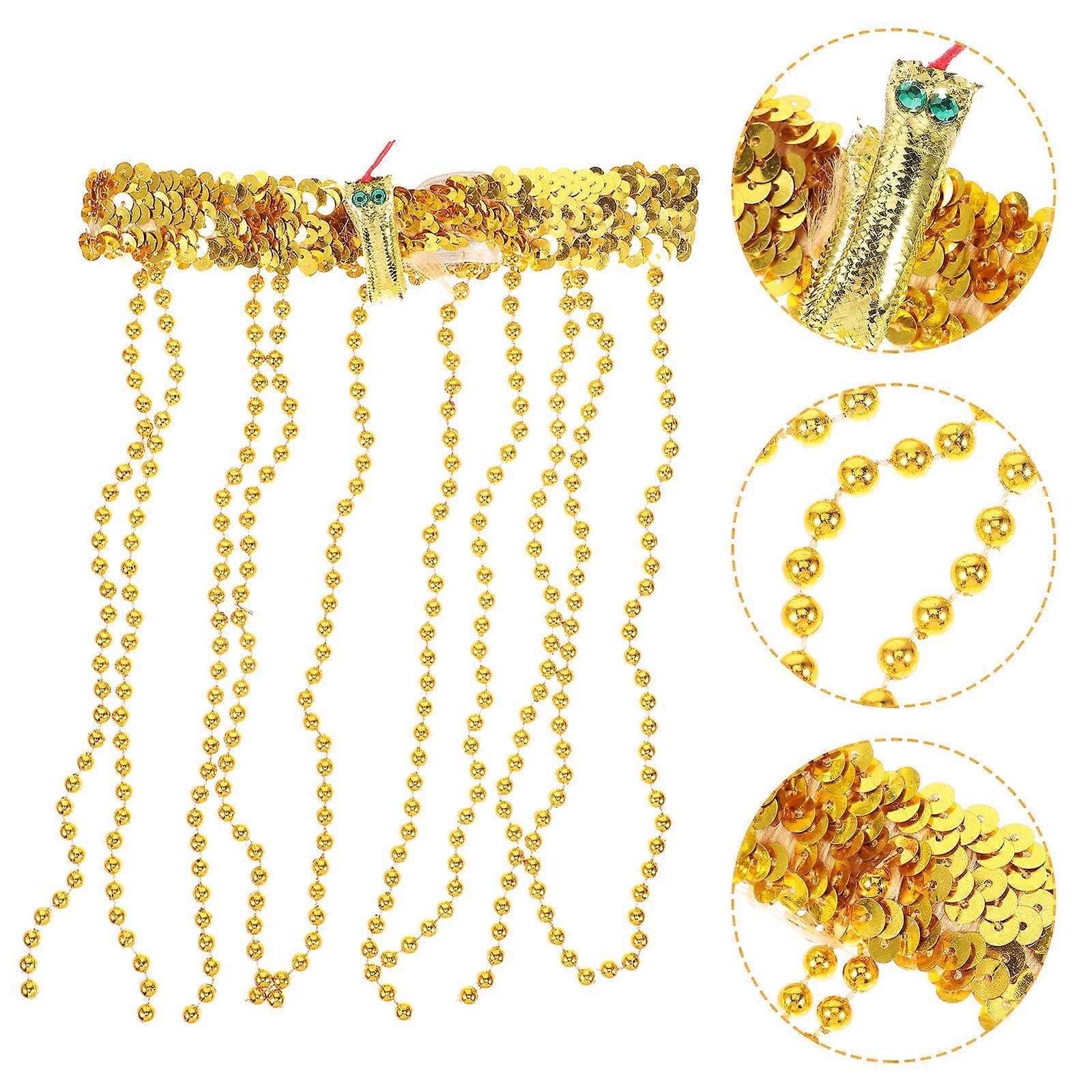 Golden Stretch Sequin Egyptian Headband with Beads and Snake for Cosplay