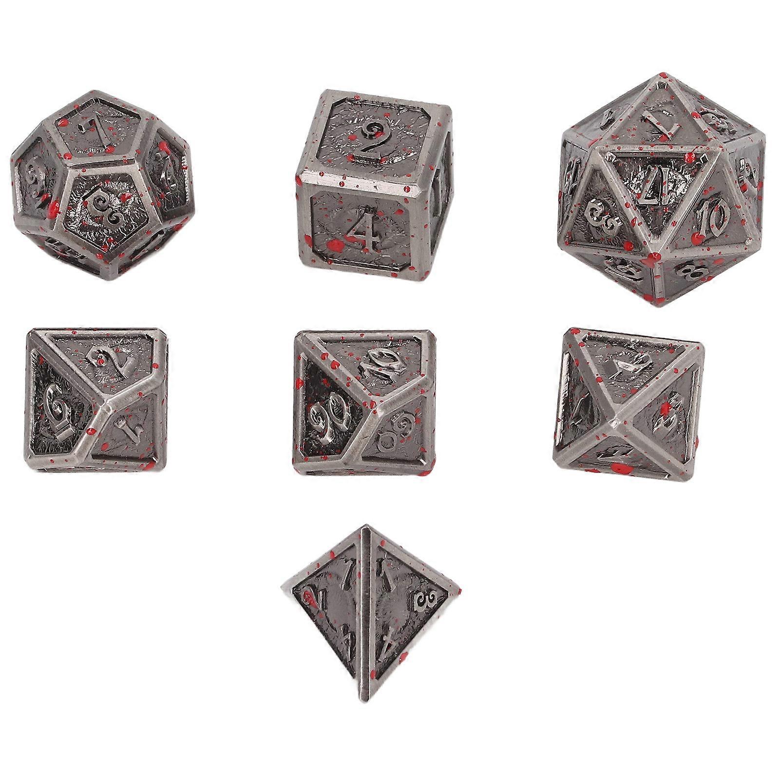 7PCS Polyhedra Metal Dices Multiple Sides Engraving Number Pattern Dice Set for Table Game Electroplated Red Spots