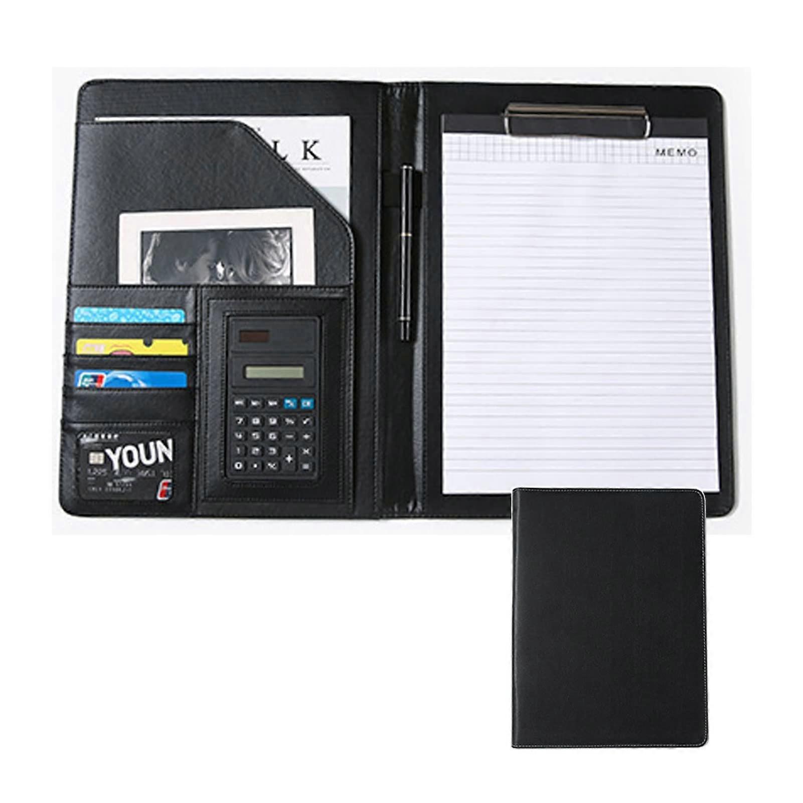 A4 Conference Folder Writing Document Folder Leather Business Ring Binder With Notepad And Calculator  Organizer For Women Men (Black)