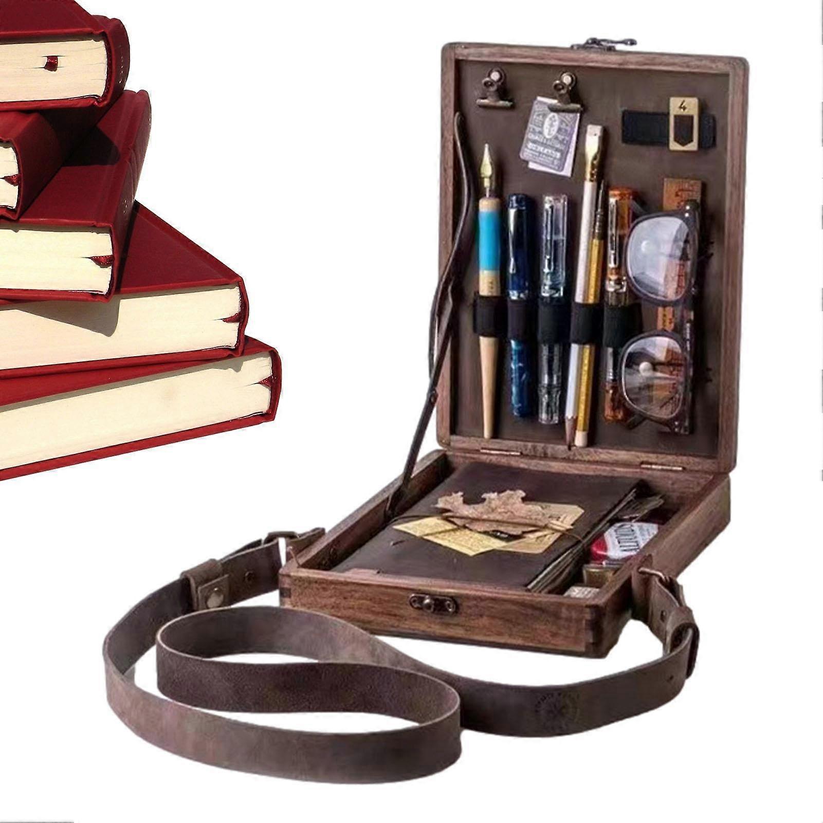 Portable Writing Box, Retro Art Container with Large Capacity  Wooden Bag