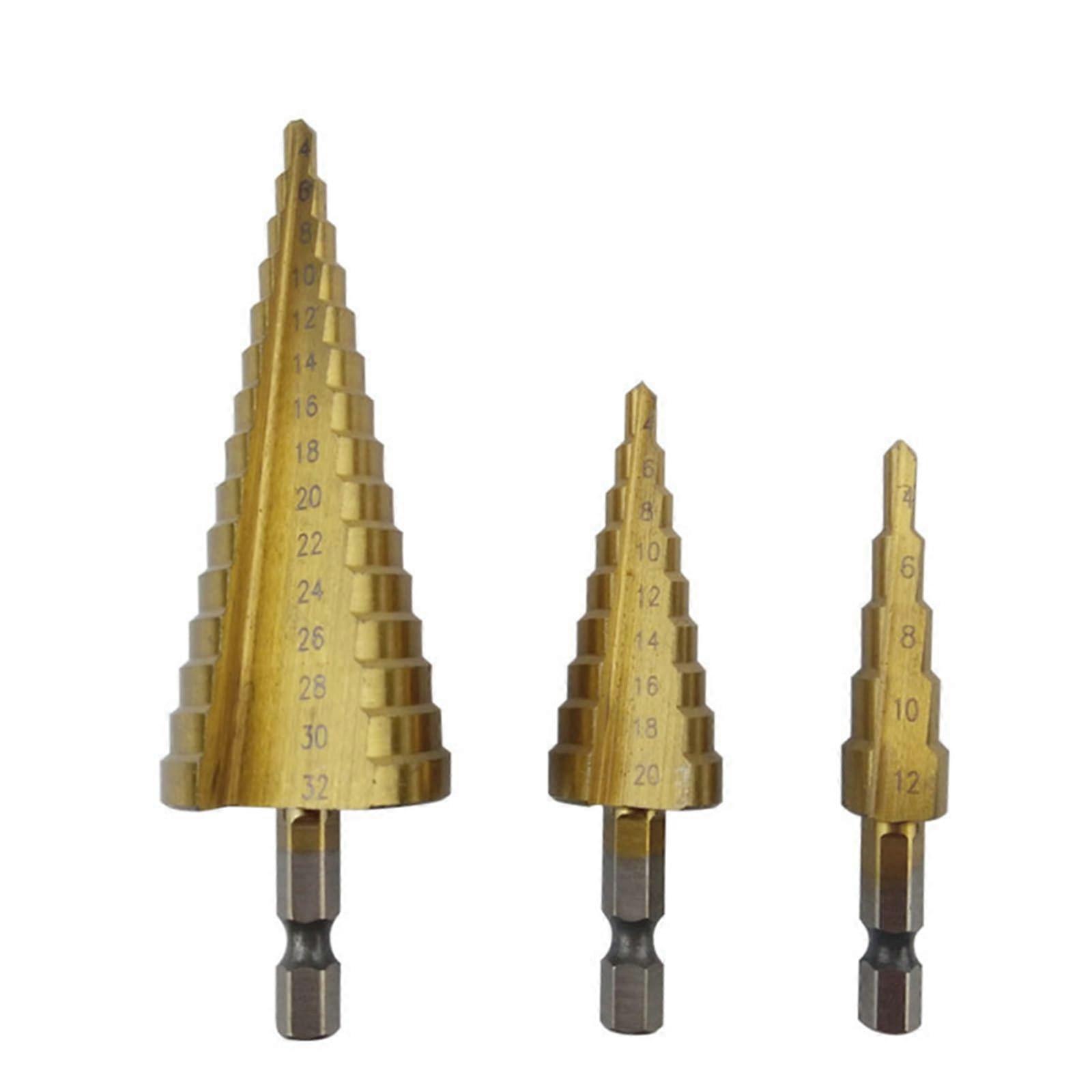 Hexagonal Step Drill Bits 3-Pack 4-12/4-20/4-32 Pagoda Shape Multi-Purpose Reamer For Plastic, Iron, Aluminium Plates
