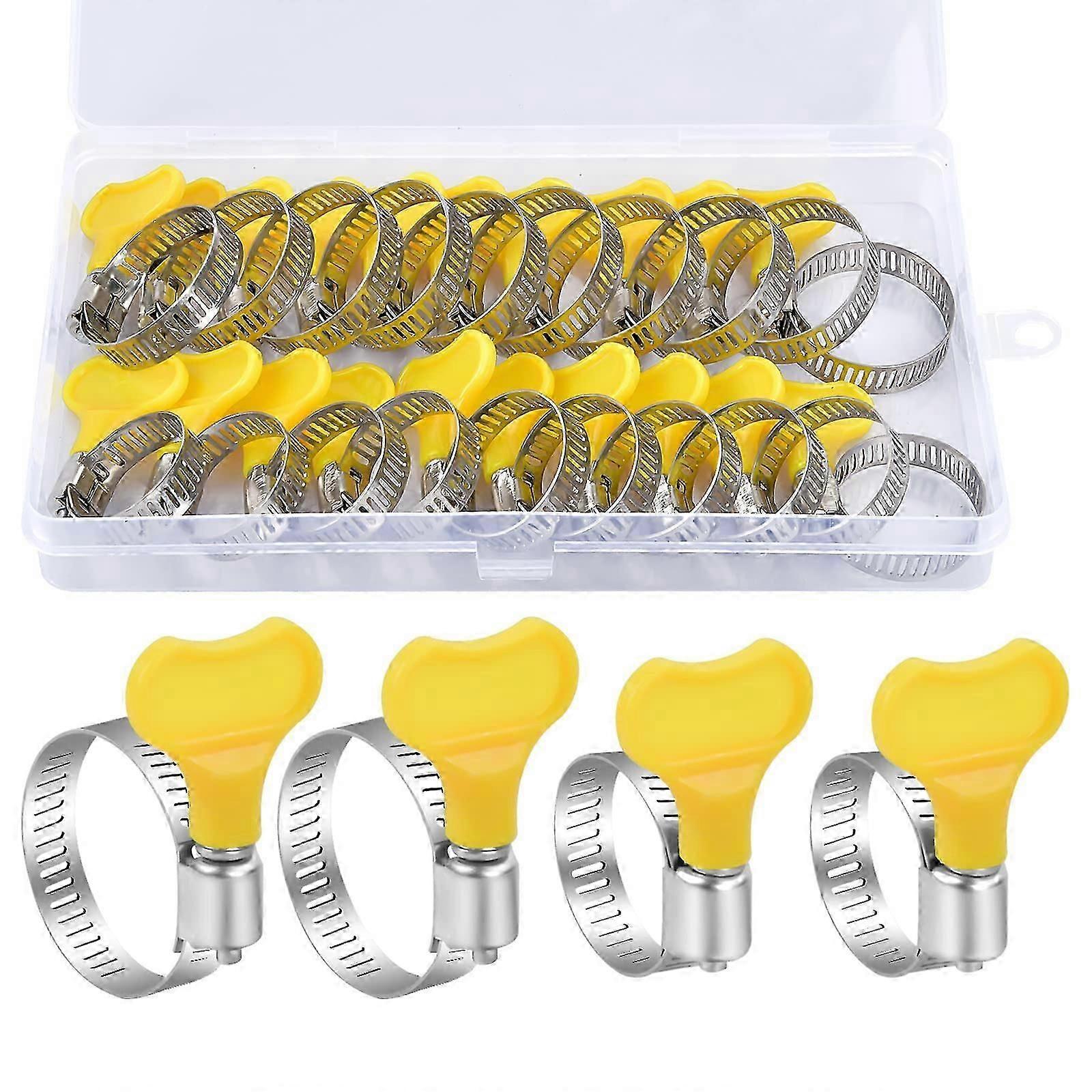 20 قطعة مشابك خرطوم قابلة للتعديل 16-25 / 19-29 مم مقاطع خرطوم من الفولاذ المقاوم للصدأ مع مقبض دوار صندوق أصفر للغسالات وحمامات السباحة والسيارات وخطوط الغاز وما إلى ذلك