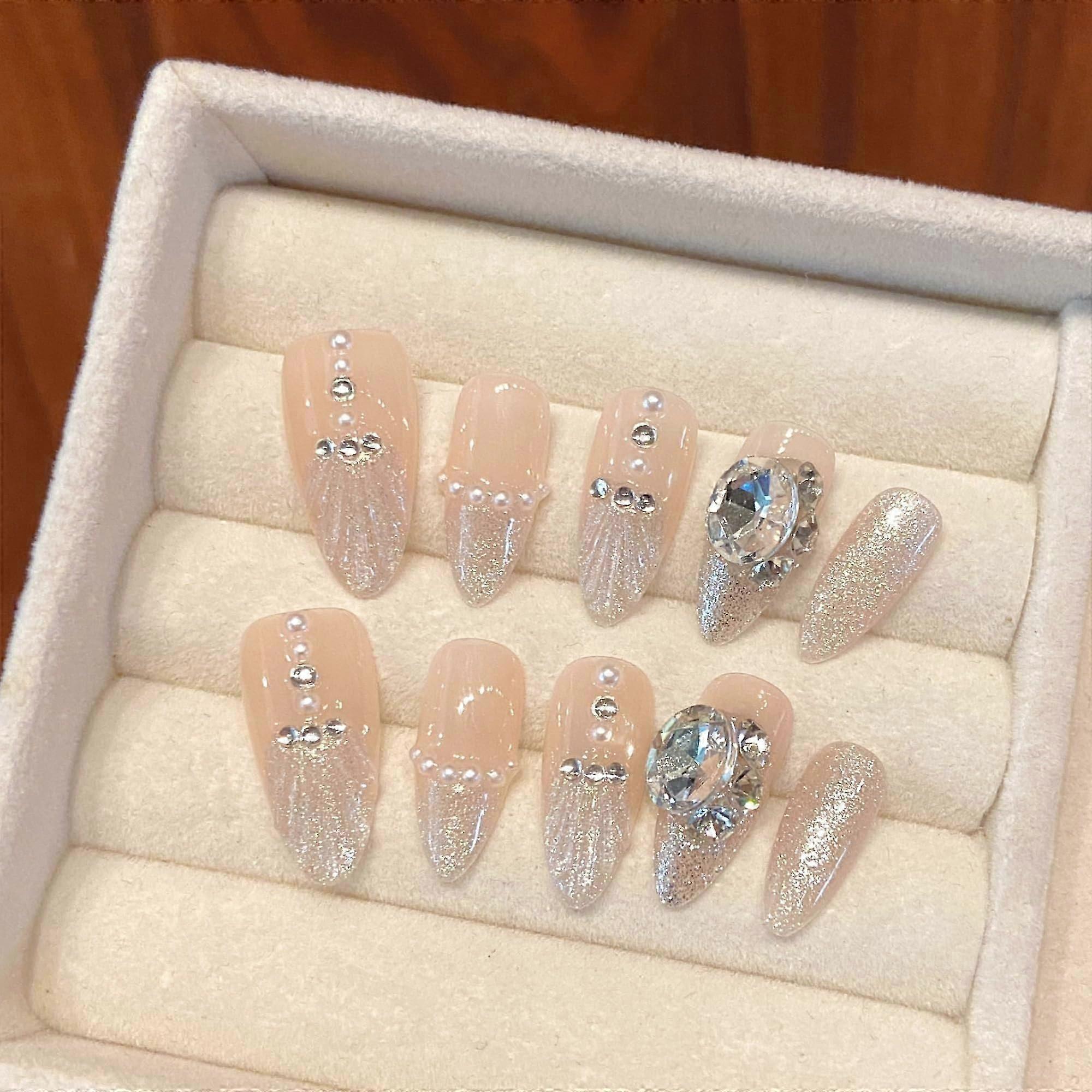 Wsliana Handmade Press On Nails Almond Shell Shape, Tip Rhinestone, 10pcs (059 S)