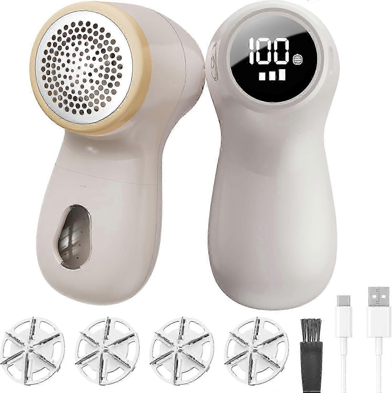 Fabric Shaver, Rechargeable Lint Remover With Led Display, 3 Speeds Adjustable Bobble Remover, Five 6-leaf Blades Debobbler - Beige