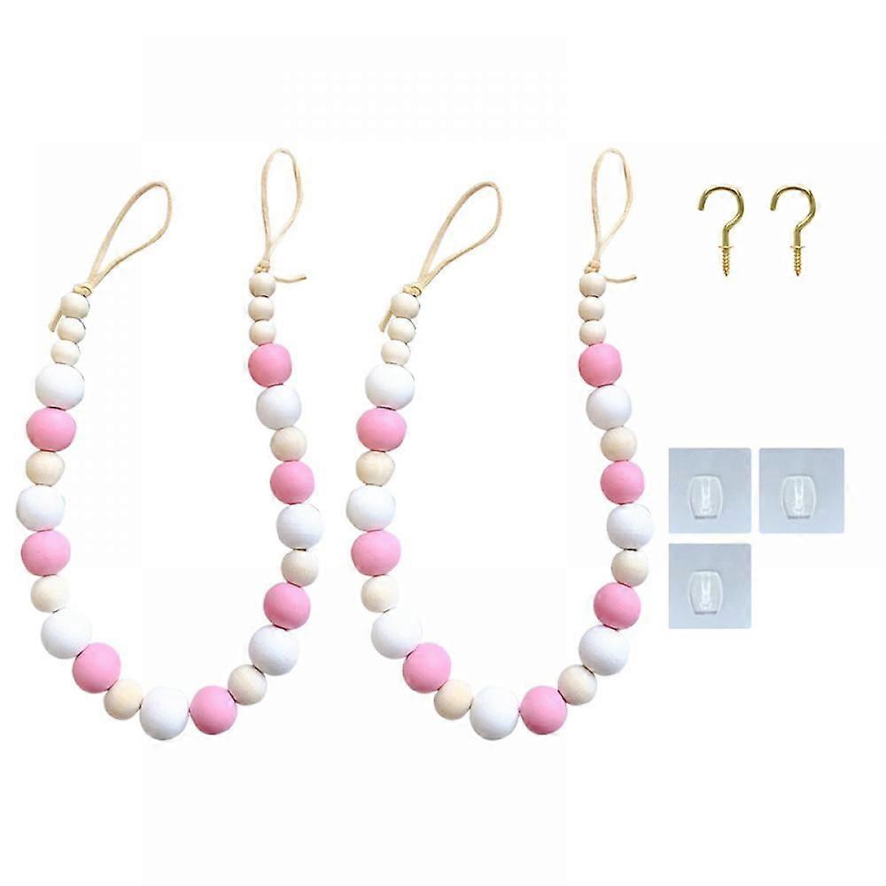 Balems Curtain Tiebacks Set of 2, Boho Farmhouse Drapery Holdbacks with Brass Hooks, Natural Wood & Pink Bead Ties
