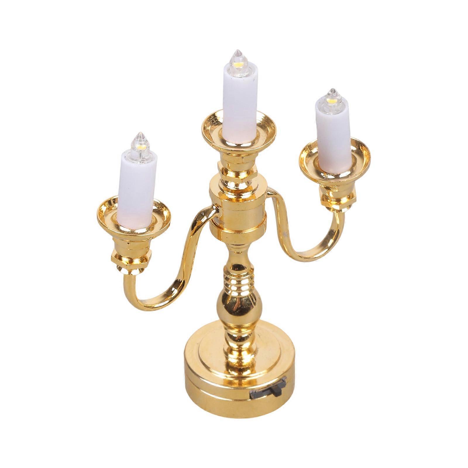 Metal Miniature Candlestick Table Lamp 3 Head Candelabra Light Model Figure for Doll House Collectors and Enthusiasts Multicolor