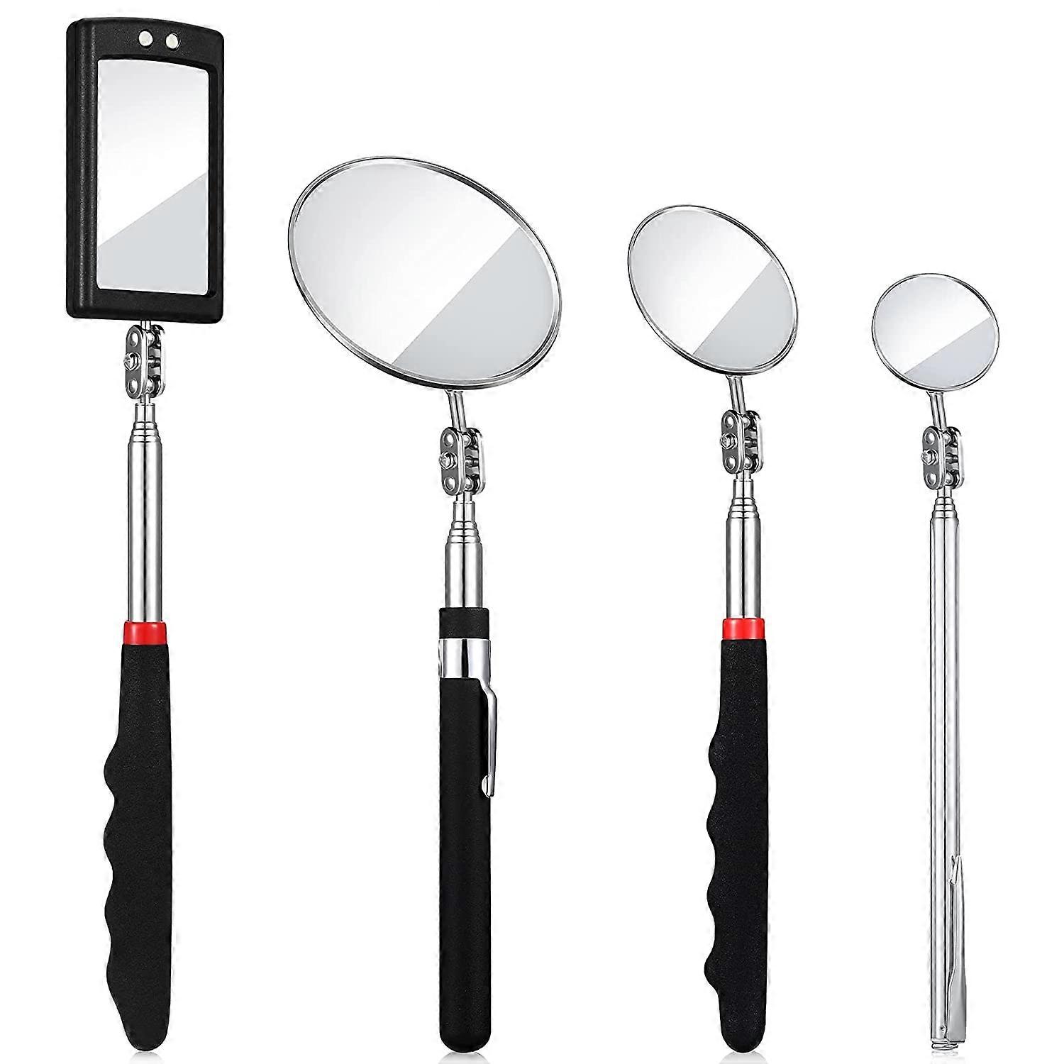4 Pcs Telescoping LED Lighted Flexible Round +Square Mirror Inspection Tool