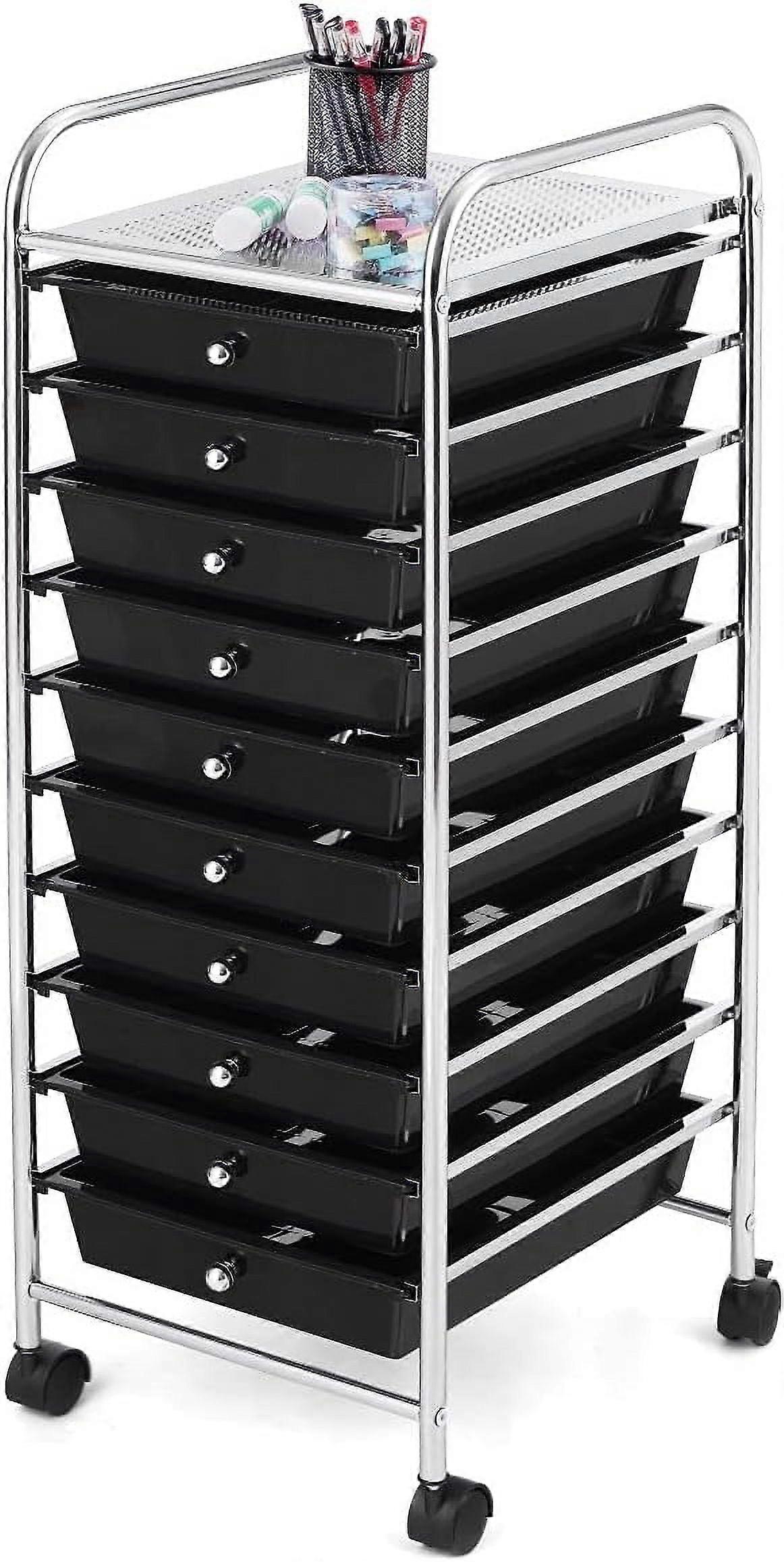 10 Drawer Storage Organizer Cart, Multicolor Trolley, Mobile Rolling Cart for Office, School, Home (Black)