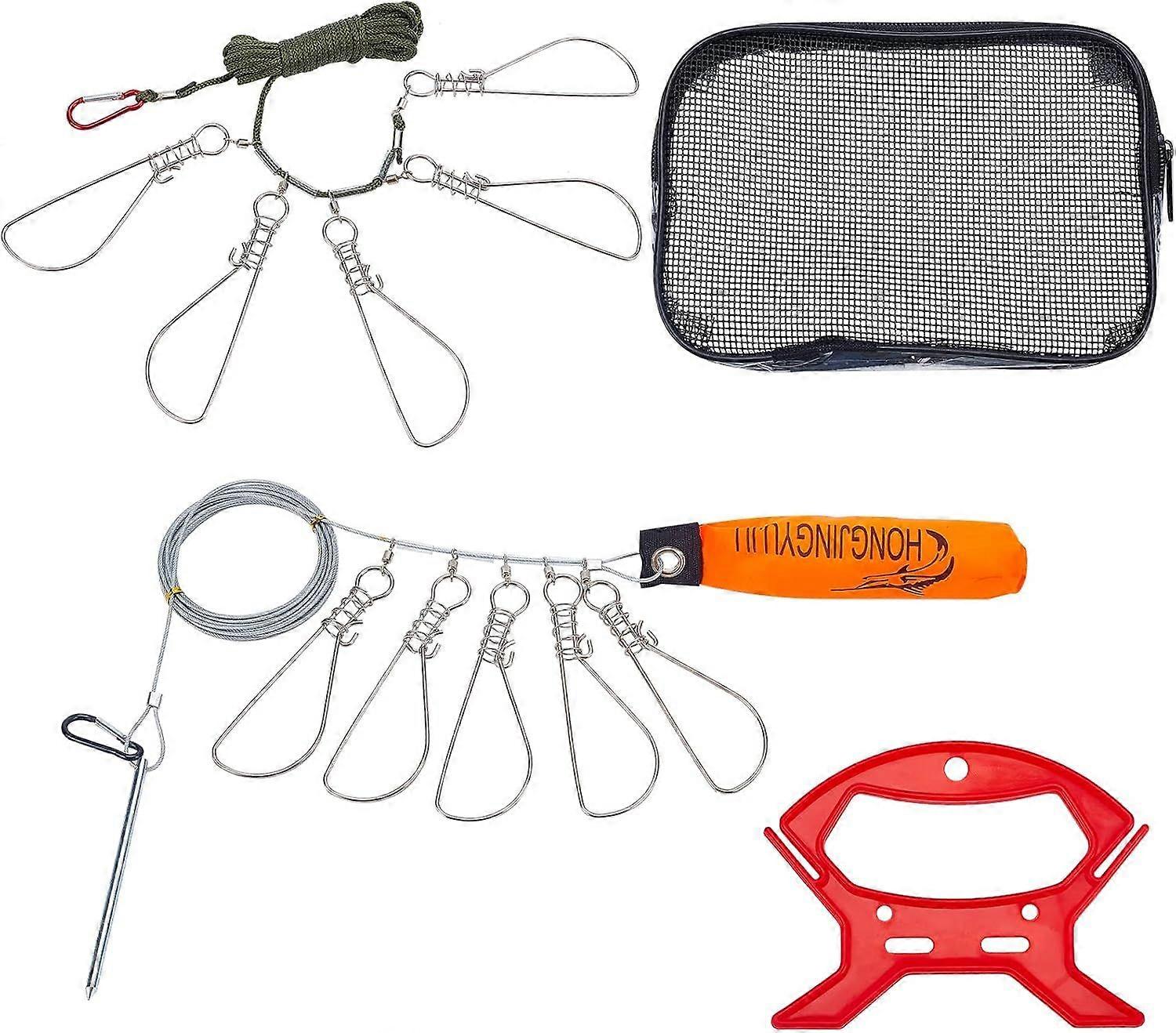 2Sets 2 Style Stainless Steel Fishing Stringer Clip Set Including Hooks Wire Clasps Foam Buoyancy Rods Plastic Handlea and Storage Bag