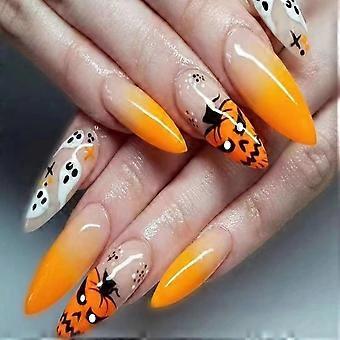 24 Pcs Halloween Press on Nails Long Almond -  Orange Ombre Fake Nails Press ons Nail Art Tips Pumpkin Ghost Design Full Cover Acrylic False Nails on