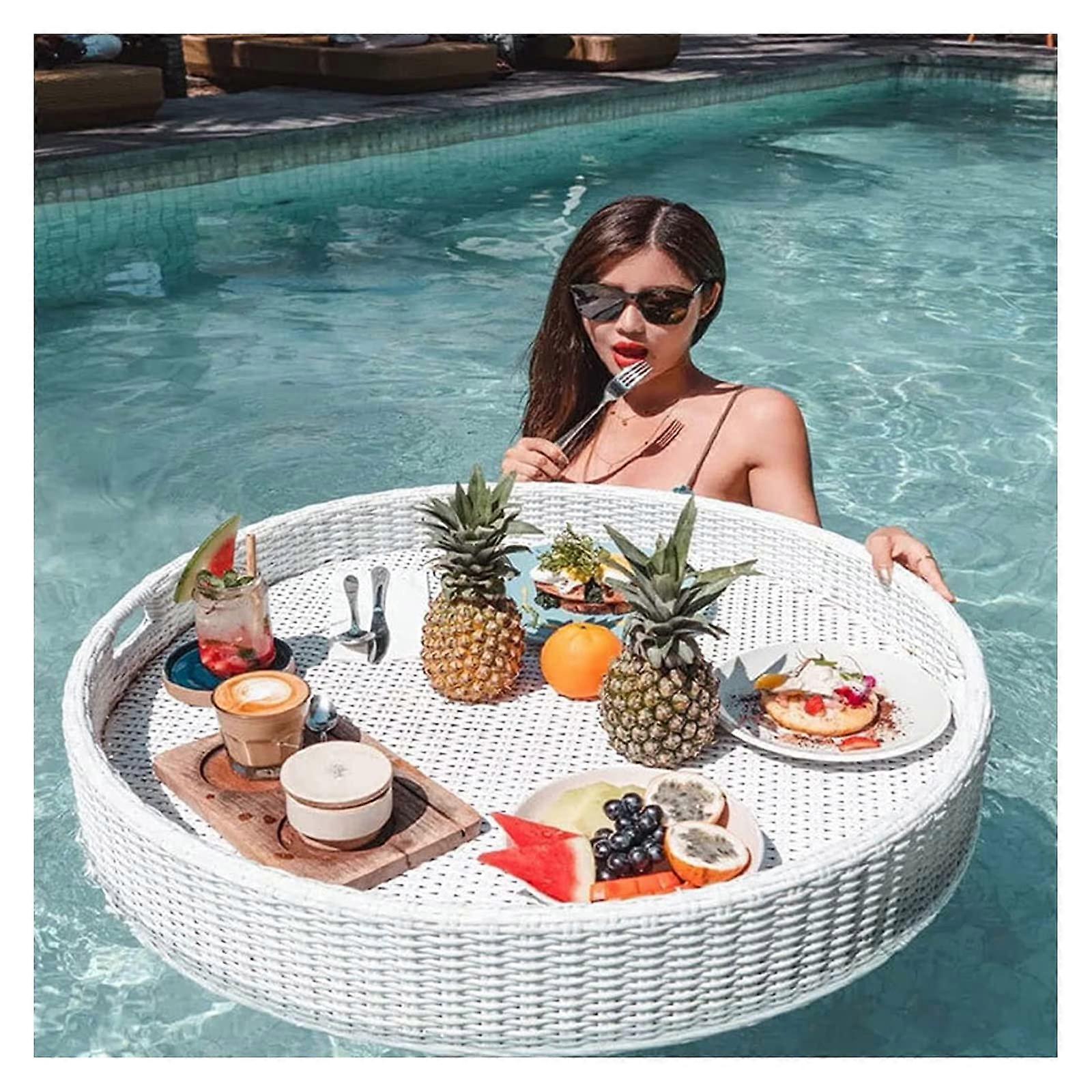Luxury Rattan Floating Serving Tray for Pool, Waterproof Outdoor Breakfast Bar 80x15cm White