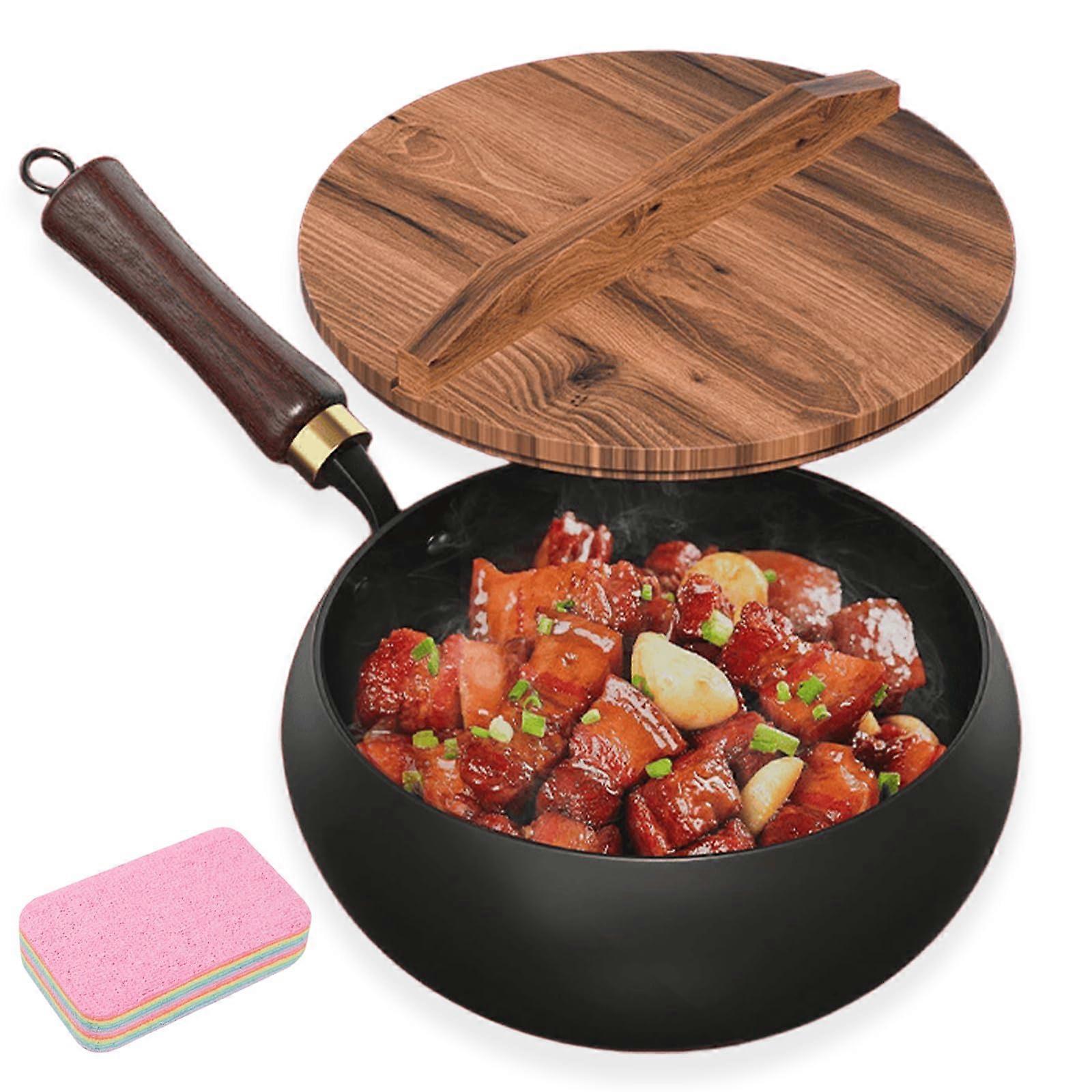 Japanese Cast Iron Pan with Lid, Uncoated Skillet, Thick Bottom for Gas and Induction Cooking 9.45IN