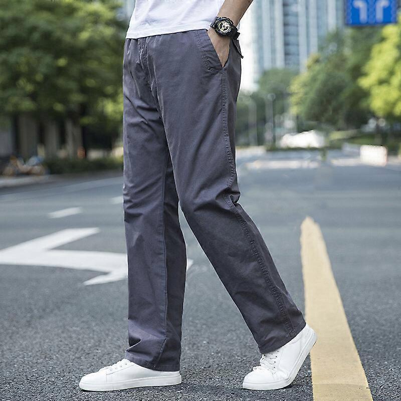 Men Cotton Pants Straight Leg Trousers Pockets Work Slim Summer Thin Plain