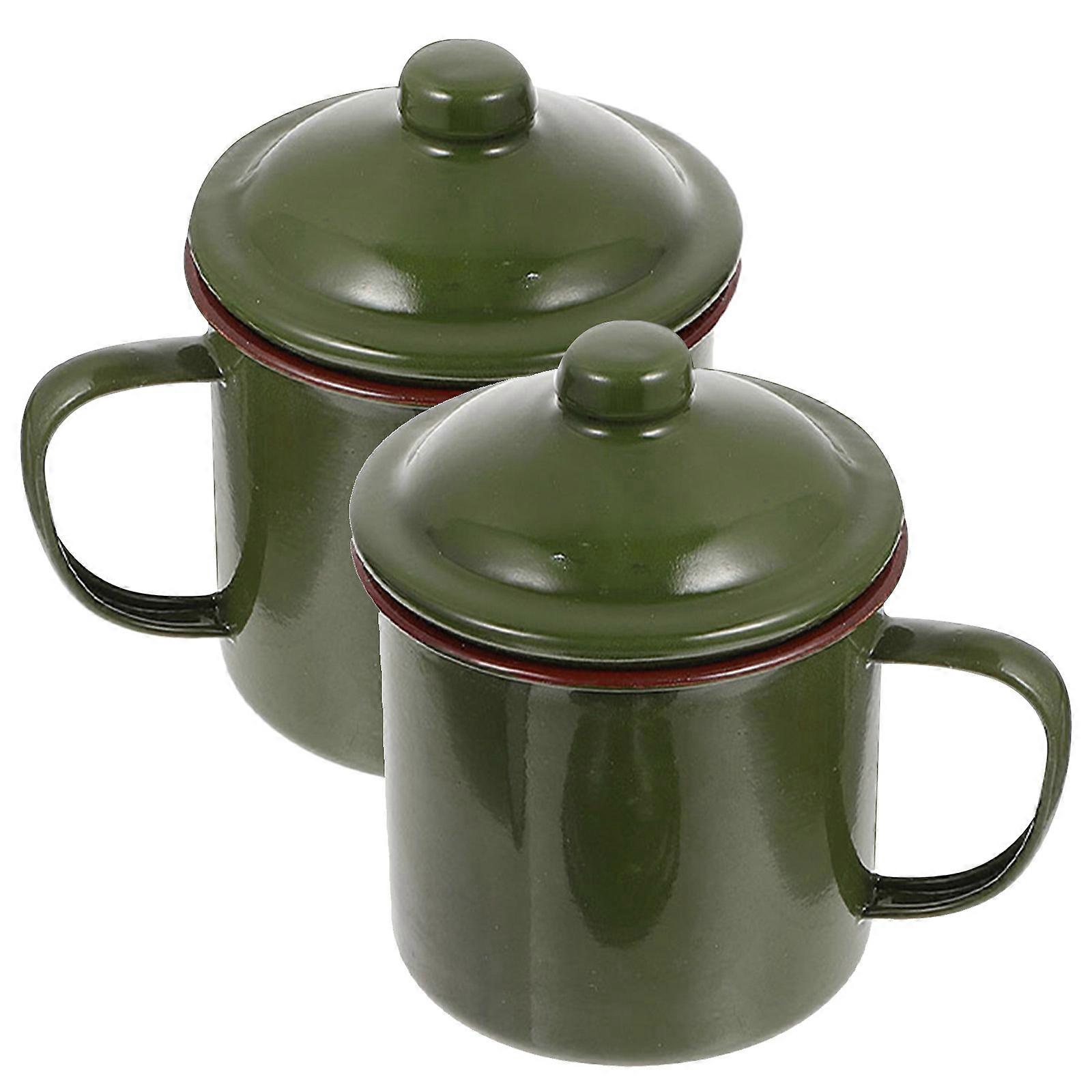 Green Enamel Coffee Mugs for Kitchen Simple Style Retro Design Durable Practical 2Pcs