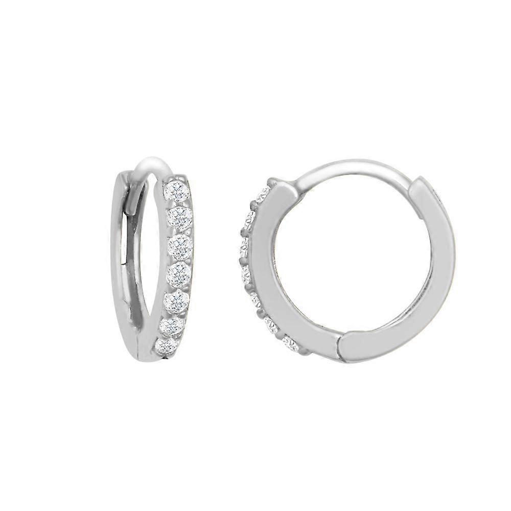 Jewelco London Ladies Solid 9ct White Gold Cubic Zirconia 7 Stone Eternity Huggie Hoop Earrings, 10mm