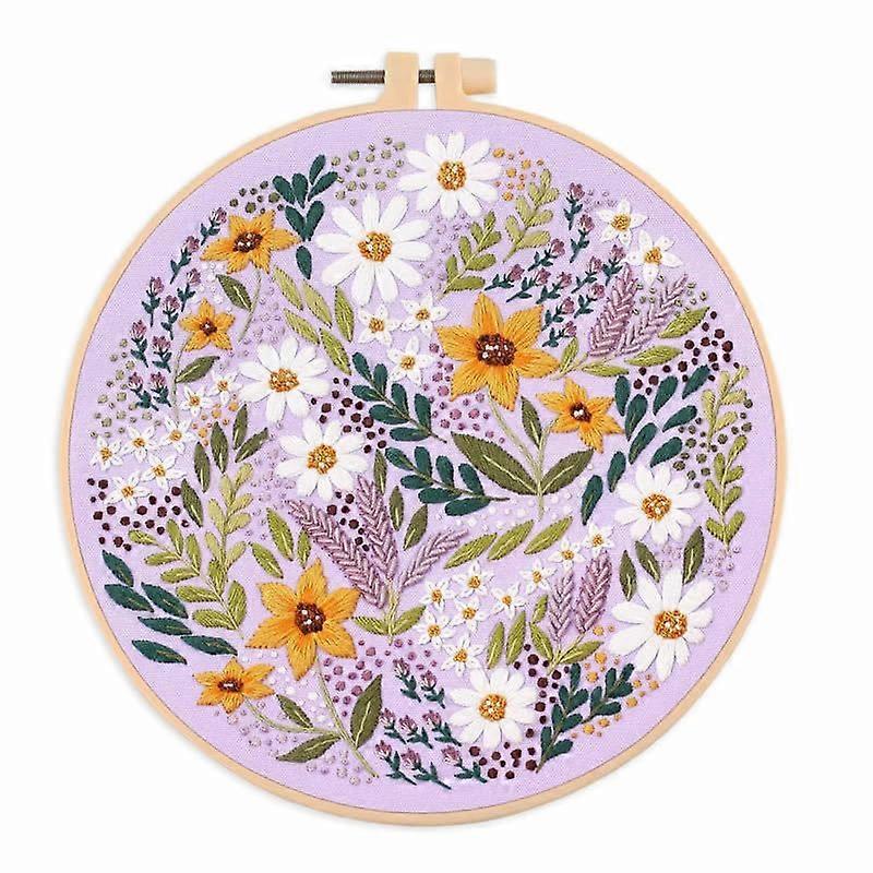 Embroidery Kit for Beginners with PrePrinted Purple Flower Pattern and Adjustable Hoop