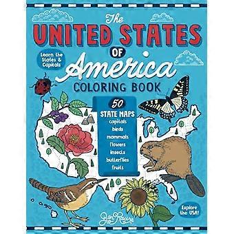 Fargeleggingsbok for USA: Femti statskart med store bokstaver og symboler som motto, fugl, pattedyr, blomst, insekt, smør