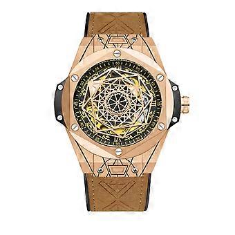 Luxury Rose Gold Skeleton Dial Watch with Brown Leather Strap and Geometric Design