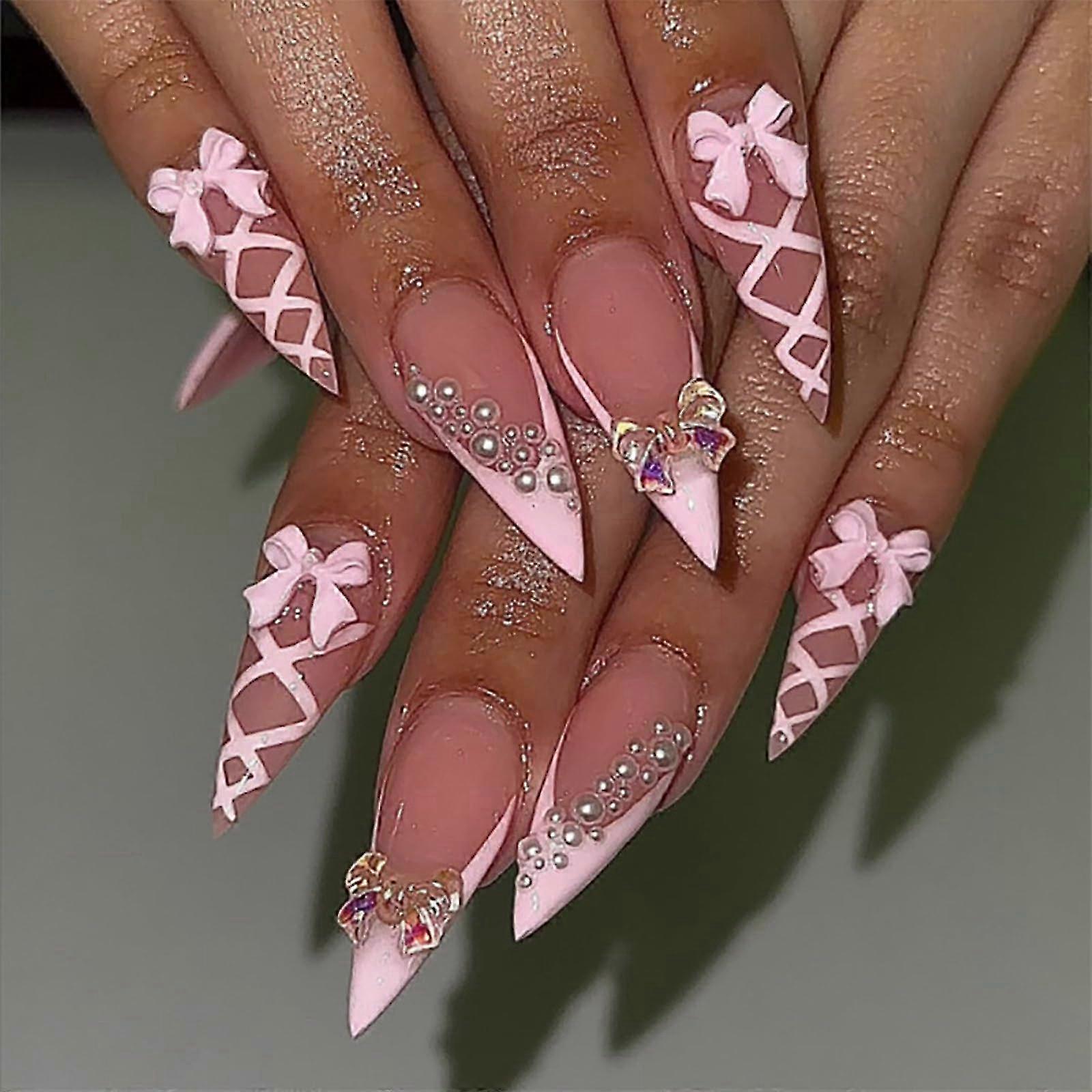 Reusable Ballet Bow Stiletto Press On Nails