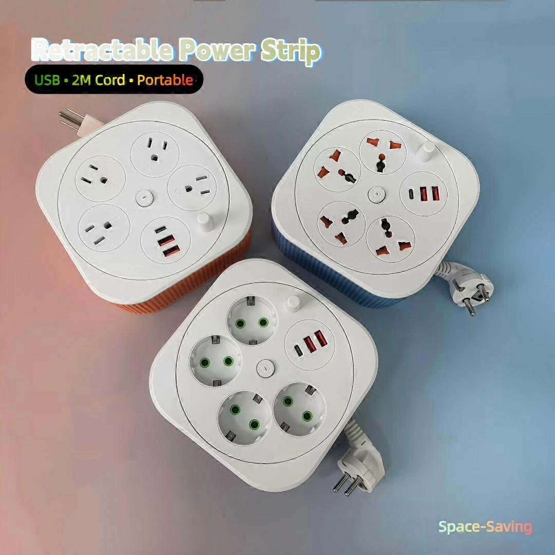 Square Retractable Cord Multi-Function Power Strip, USB Charging Port 2M Extension Socket Organizer