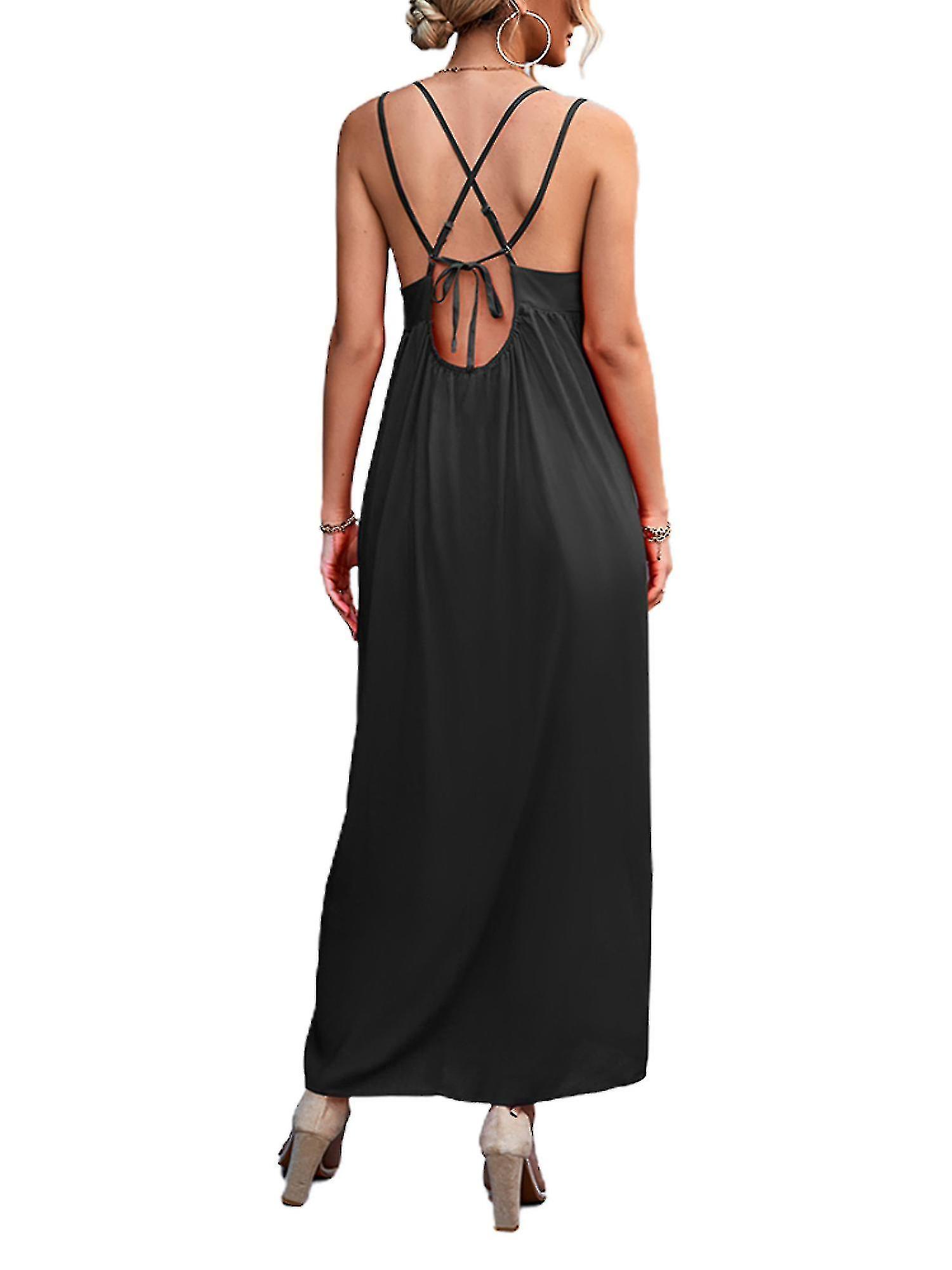 Womens Backless V-neck Strappy Midi Dress Ladies Summer Holiday Beach Sundress