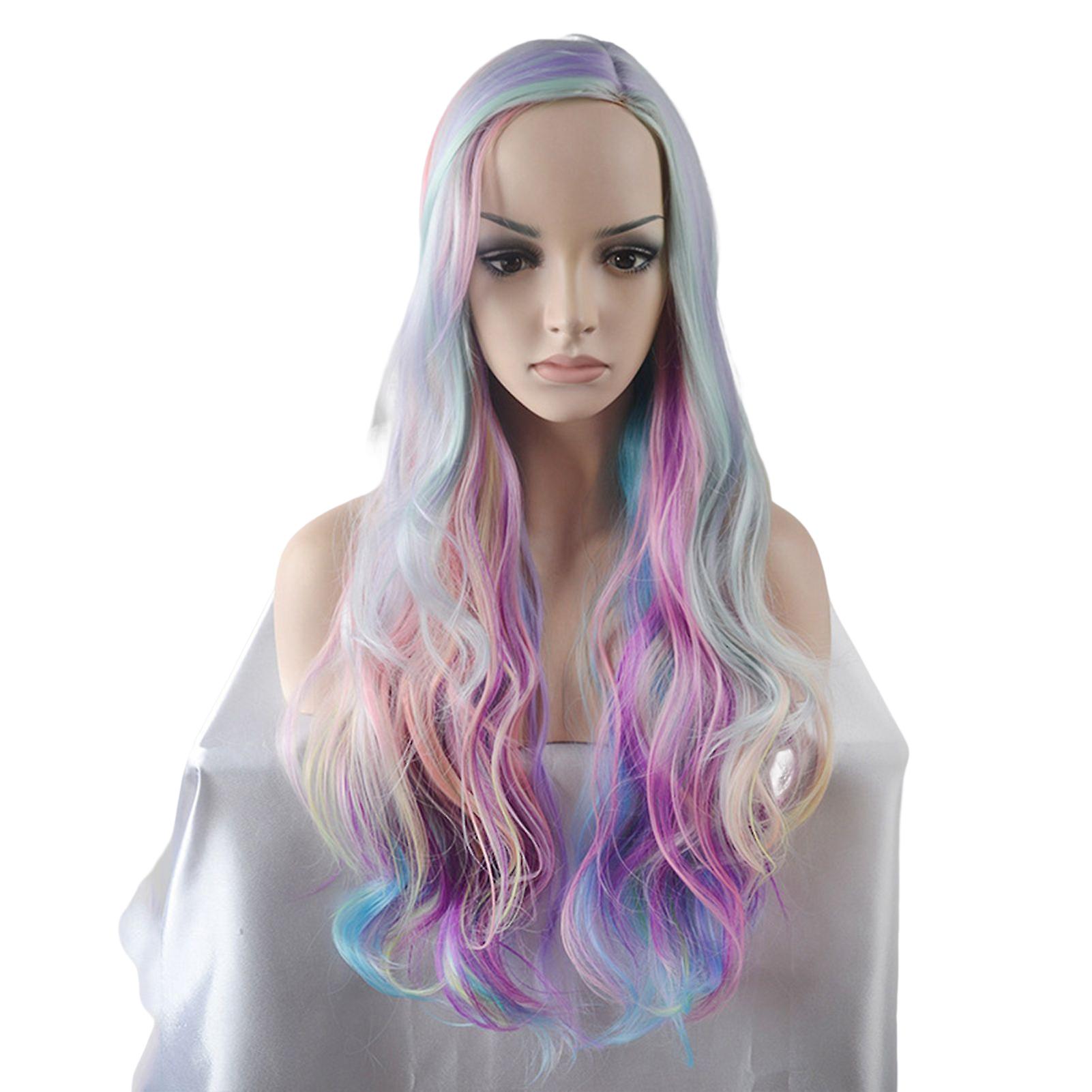 Long Curly Mixed Color Wig Wavy Knotless Light Weight Simulated Scalp Wig For Girls Daily Use Colorful Wigs