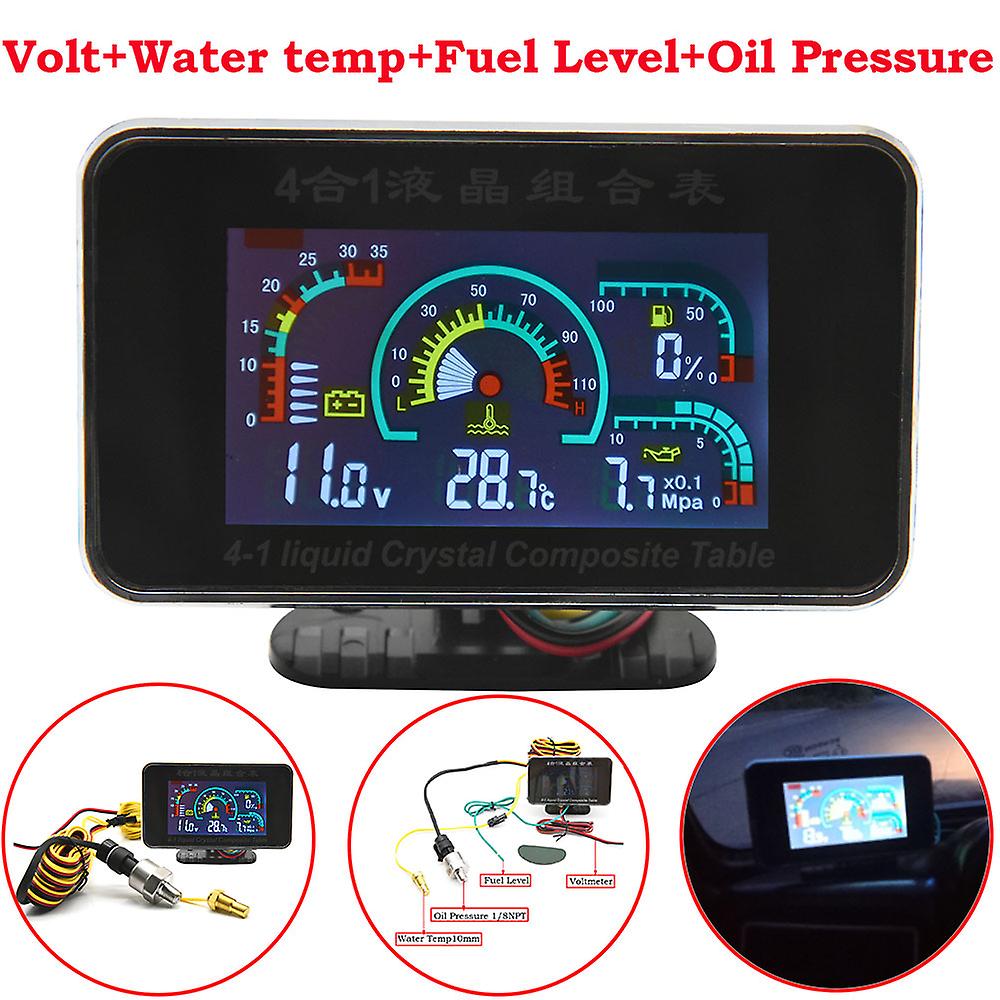 4 In 1 Lcd Car Digital Oil Pressure Gauge Voltmeter Fuel Level Meter 1/8 Npt Oil Pressure Sensor + Water Temperature Sensor 10mm