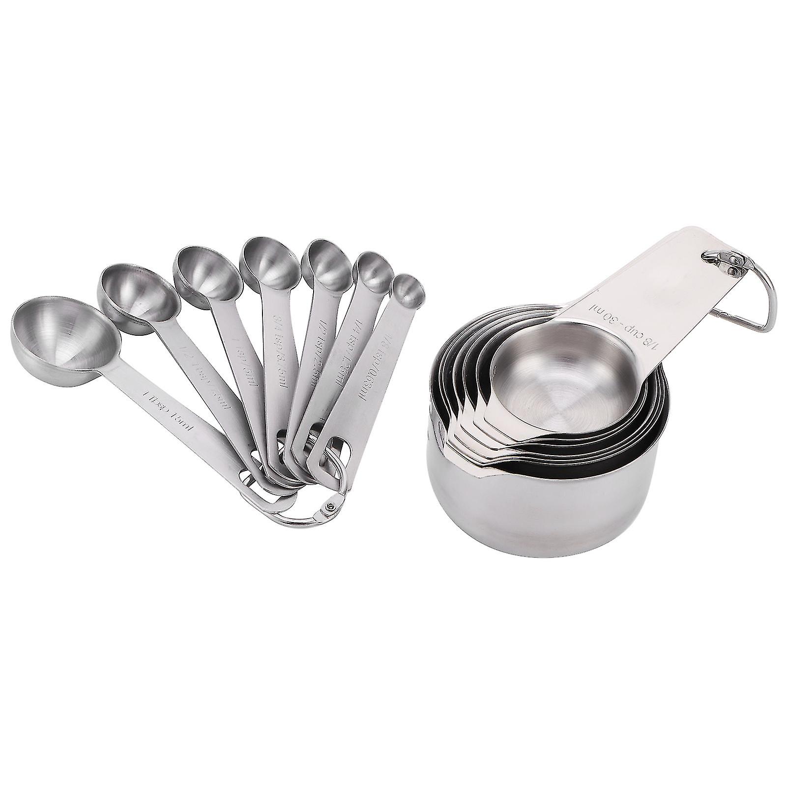 Gourmet Chef's Choice Set, Stackable Cups & Long Handle Spoons, 14Pcs Set with Etched Measurement Markings, Mirror-polished Food Grade Stainless