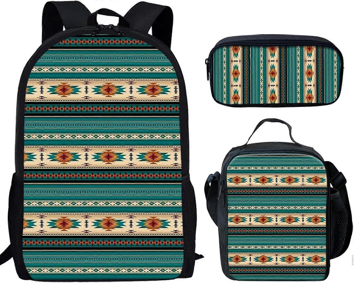 ネイティブアステカスタイルのプリントバックパック、ランチバッグ付き学校旅行用、ペンシルバッグ、キッズ3 in 1バックパックキット、男の子、女の子用
